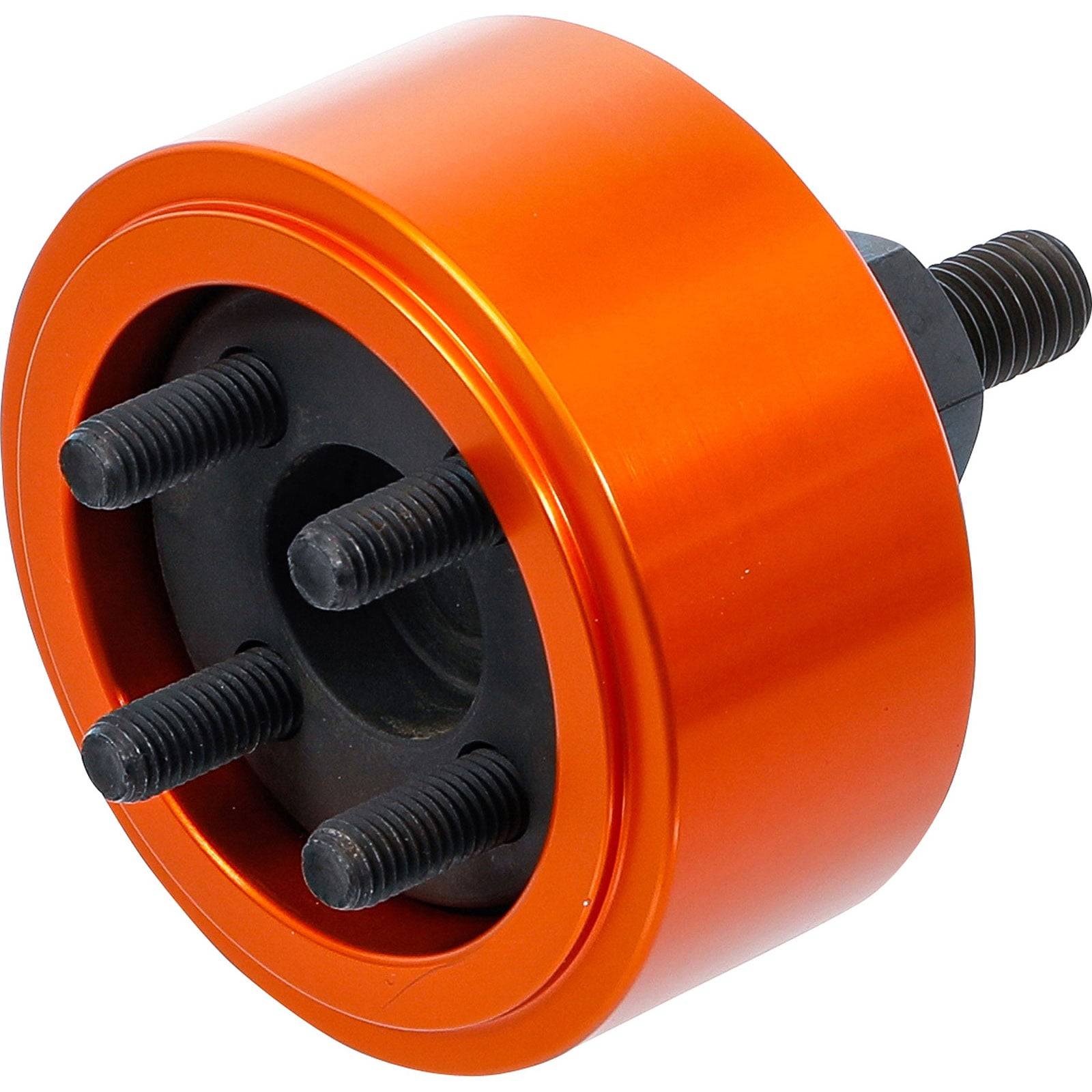 Orangefarbener Autoradabstandshalter mit schwarzen Gewindebolzen.