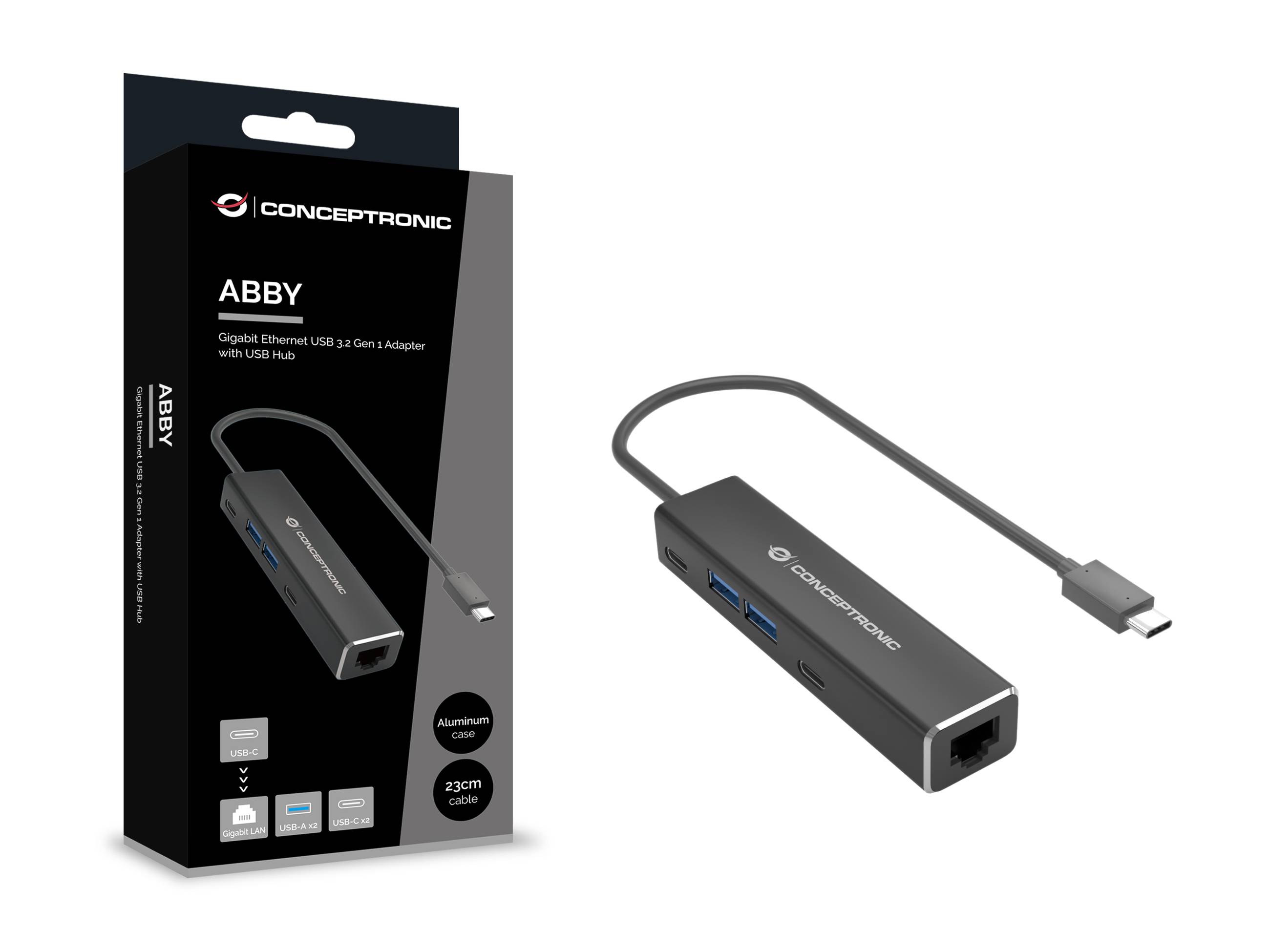Conceptronic ABBY13B Gigabit Ethernet USB 3.2 Gen 1 Adapter mit USB-Hub, GbE, USB-A x 2, USB-C x 2, Kabelgebunden, USB 3