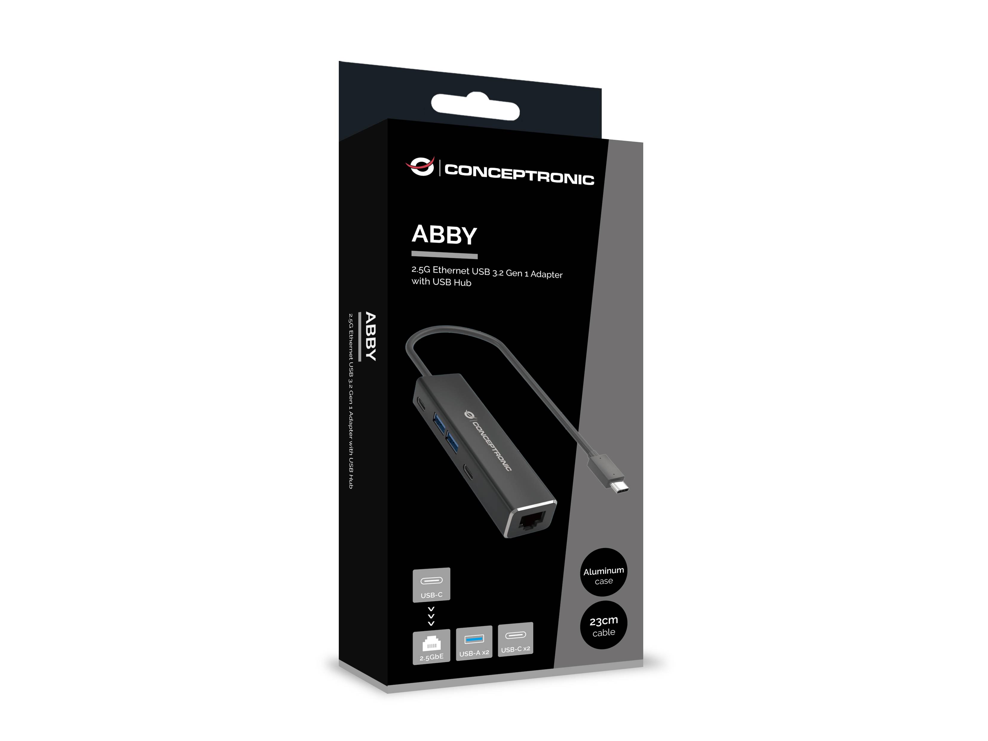Conceptronic ABBY14B 2.5G Ethernet USB 3.2 Gen 1 Adapter mit USB-Hub - GbE - USB-A x 2 - USB-C x 2 - Kabelgebunden - USB 3.2 Gen 1 (3.1 Gen 1)