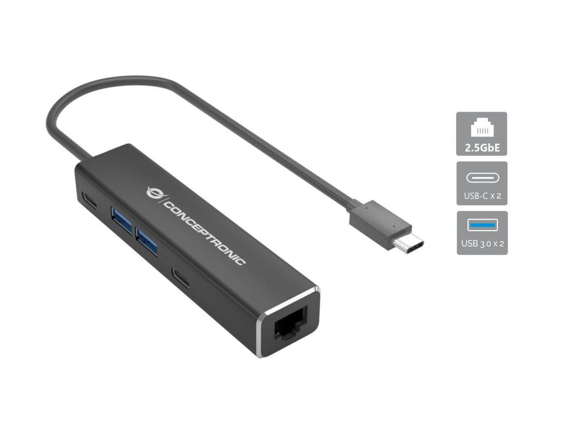 Conceptronic ABBY14B 2.5G Ethernet USB 3.2 Gen 1 Adapter mit USB-Hub - GbE - USB-A x 2 - USB-C x 2 - Kabelgebunden - USB 3.2 Gen 1 (3.1 Gen 1)
