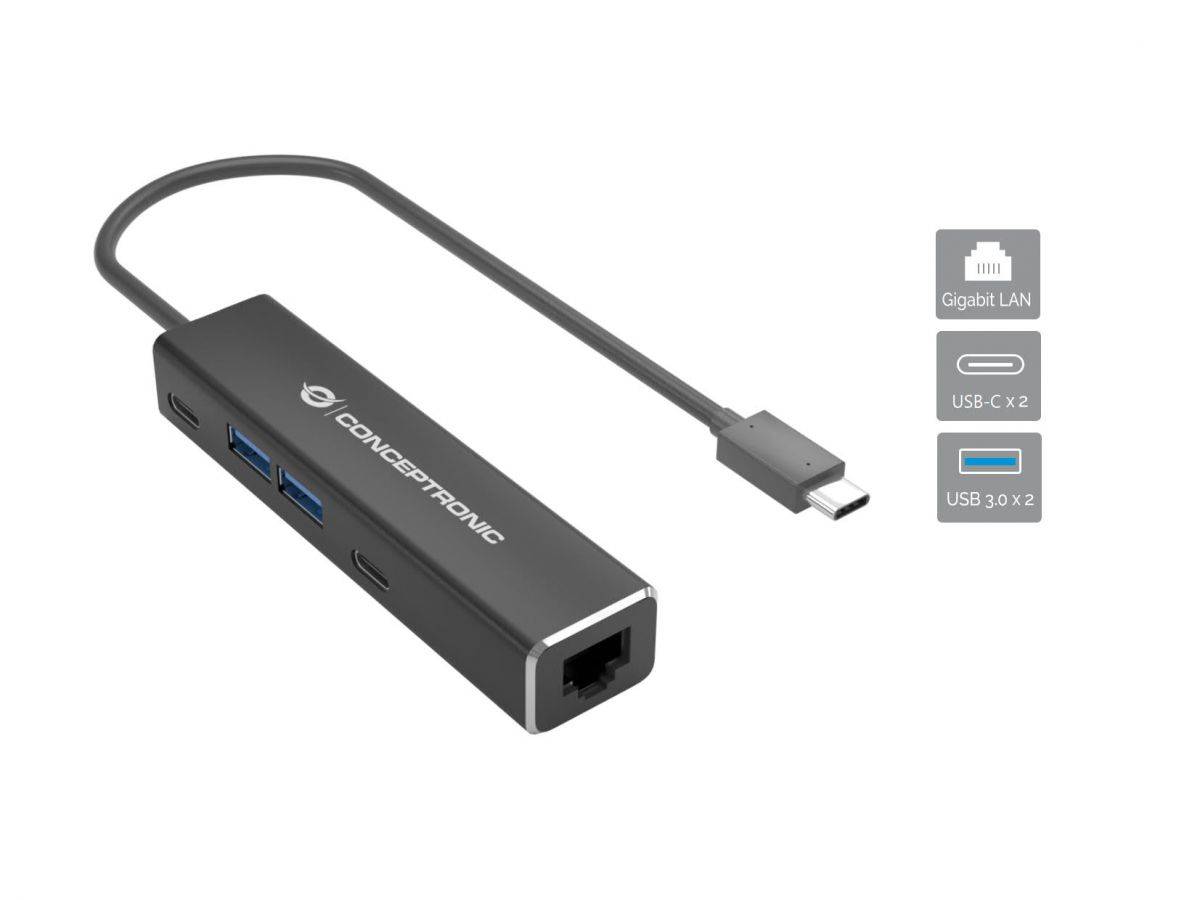 Conceptronic ABBY13B Gigabit Ethernet USB 3.2 Gen 1 Adapter mit USB-Hub, GbE, USB-A x 2, USB-C x 2, Kabelgebunden, USB 3