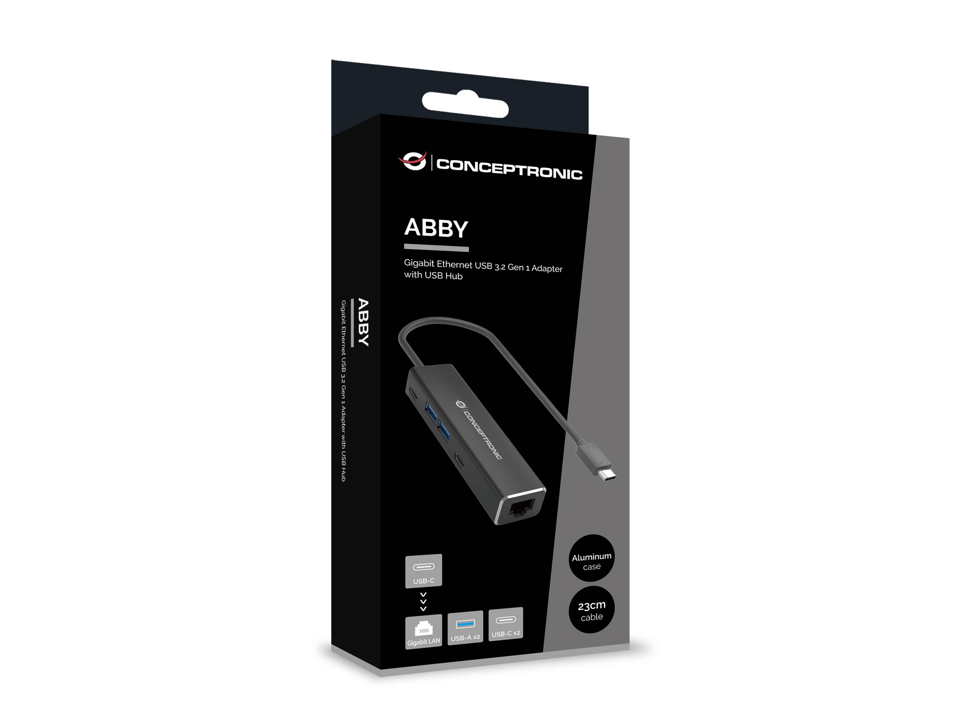 Conceptronic ABBY13B Gigabit Ethernet USB 3.2 Gen 1 Adapter mit USB-Hub, GbE, USB-A x 2, USB-C x 2, Kabelgebunden, USB 3