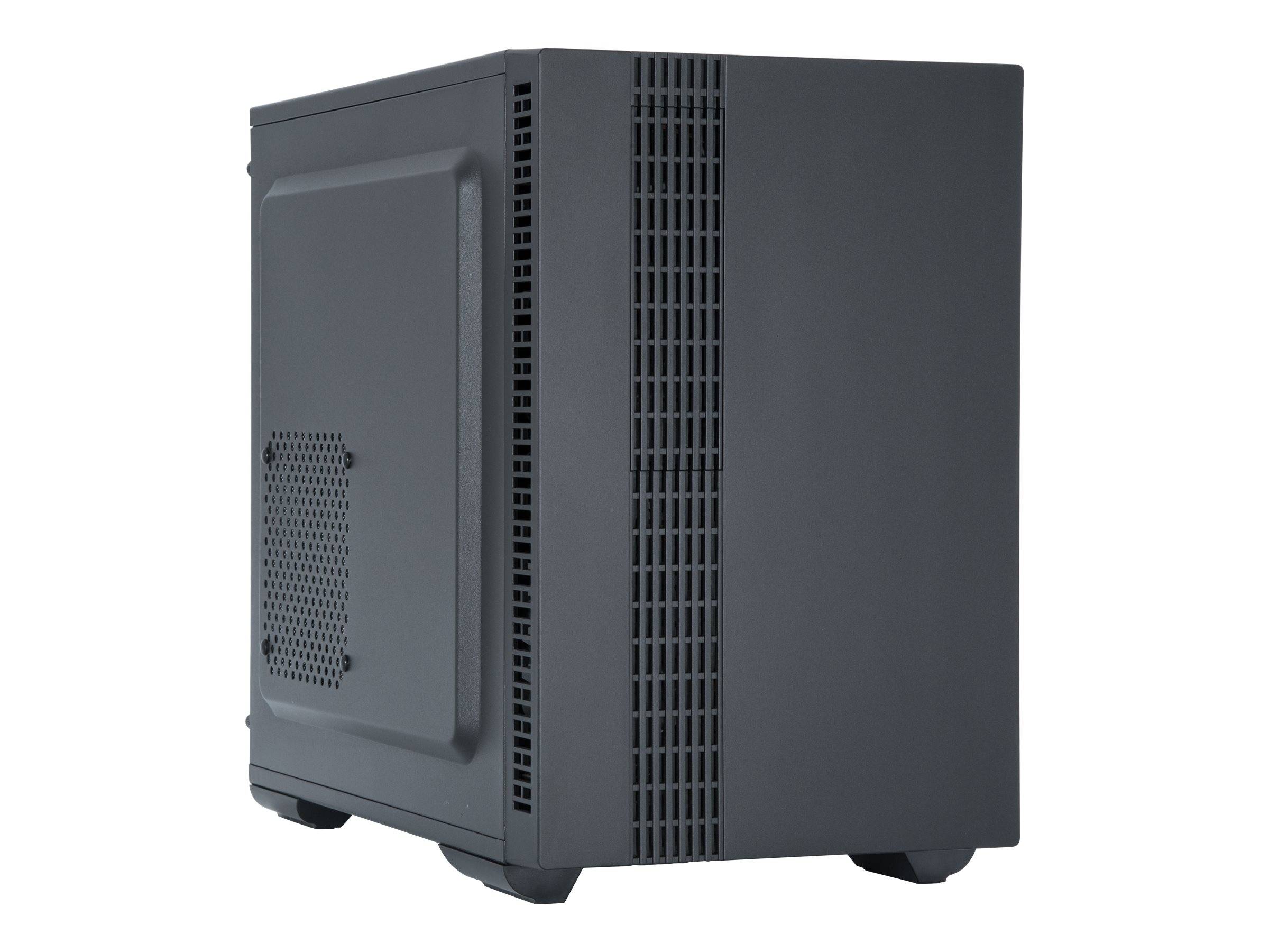 Schwarzes Computerturmgehäuse in Seitenansicht auf weißem Hintergrund, mit belüfteten Paneelen und einfacher Seitentür.