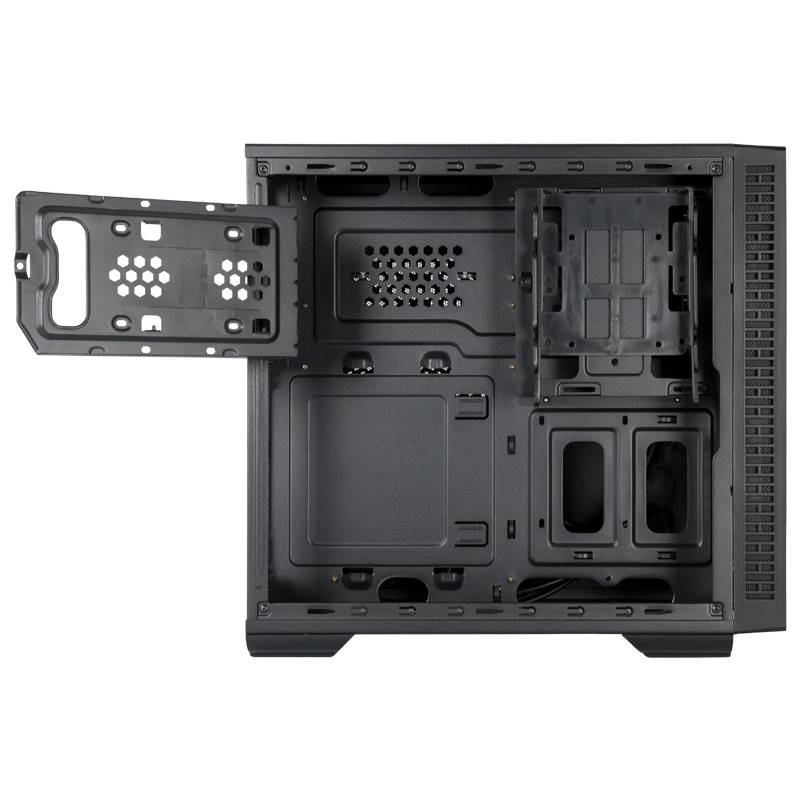 Offener Desktop-PC-Gehäuse von der Seite gezeigt mit geöffnetem Front-Laufwerk-Blende-Panel, das interne Befestigungsschächte und Belüftungsöffnungen enthüllt.