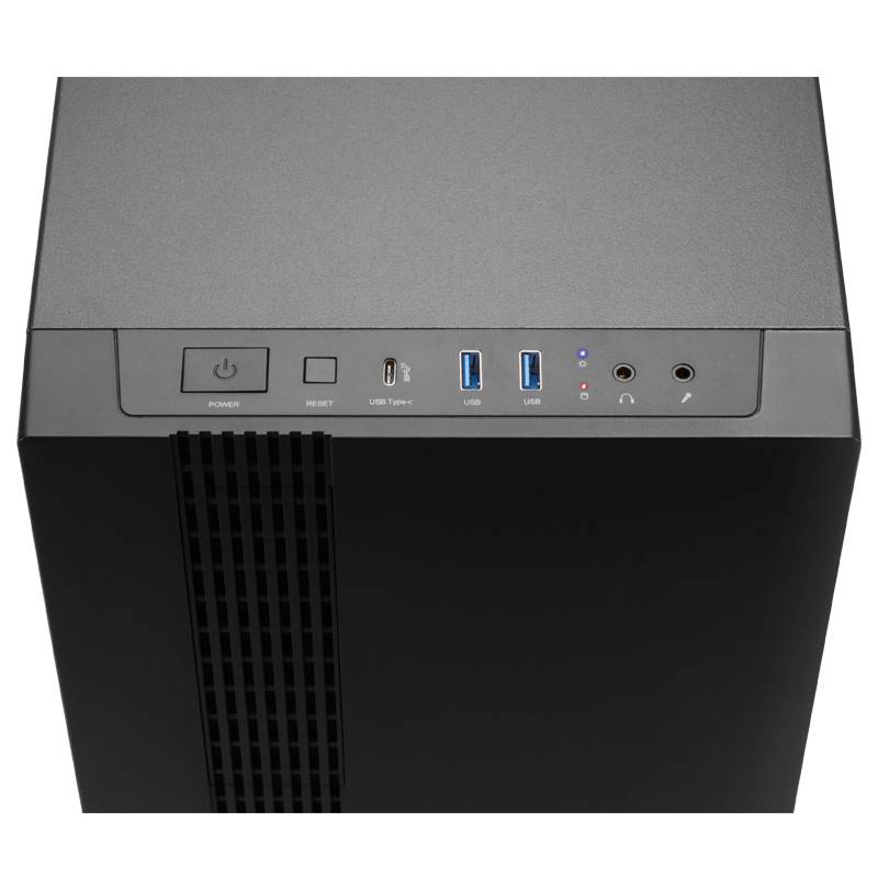 Frontansicht eines schwarzen Desktop-Computer-Towers mit Stromschalter, Rücksetztaste, USB-Anschlüssen, Anzeigelampen und Kopfhörer- sowie Mikrofonsteckdosen auf der oberen Blende.
