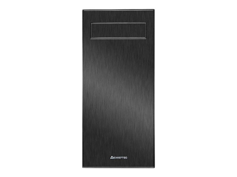 Schwarze, gebürstete Metallfront eines Computer-Gehäuses mit einem schmalen Laufwerk-Schacht oben und kleinem Logo unten.