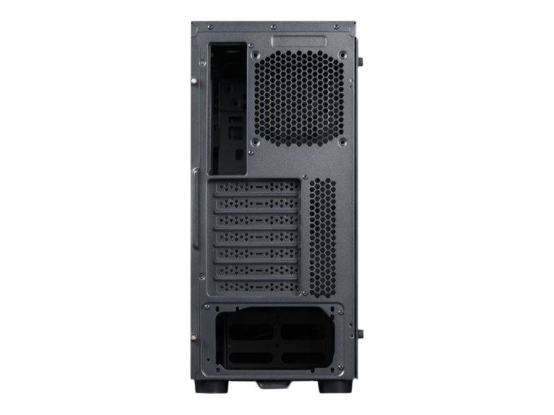 Rückansicht eines Desktop-Computer-Gehäuses mit Lüftungsgittern, Erweiterungssteckplatz-Abdeckungen, Netzteilöffnung und Griff.