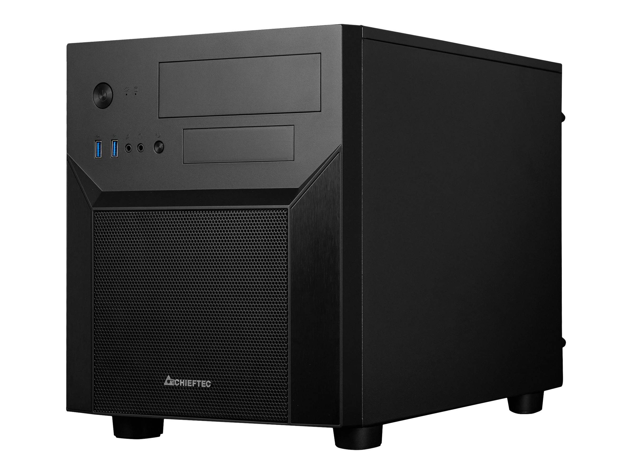 Schwarzes Desktop-Computer-Gehäuse mit vorderer Stromtaste, USB-Anschlüssen, Laufwerkschächten und Netzlufteinlassblende.