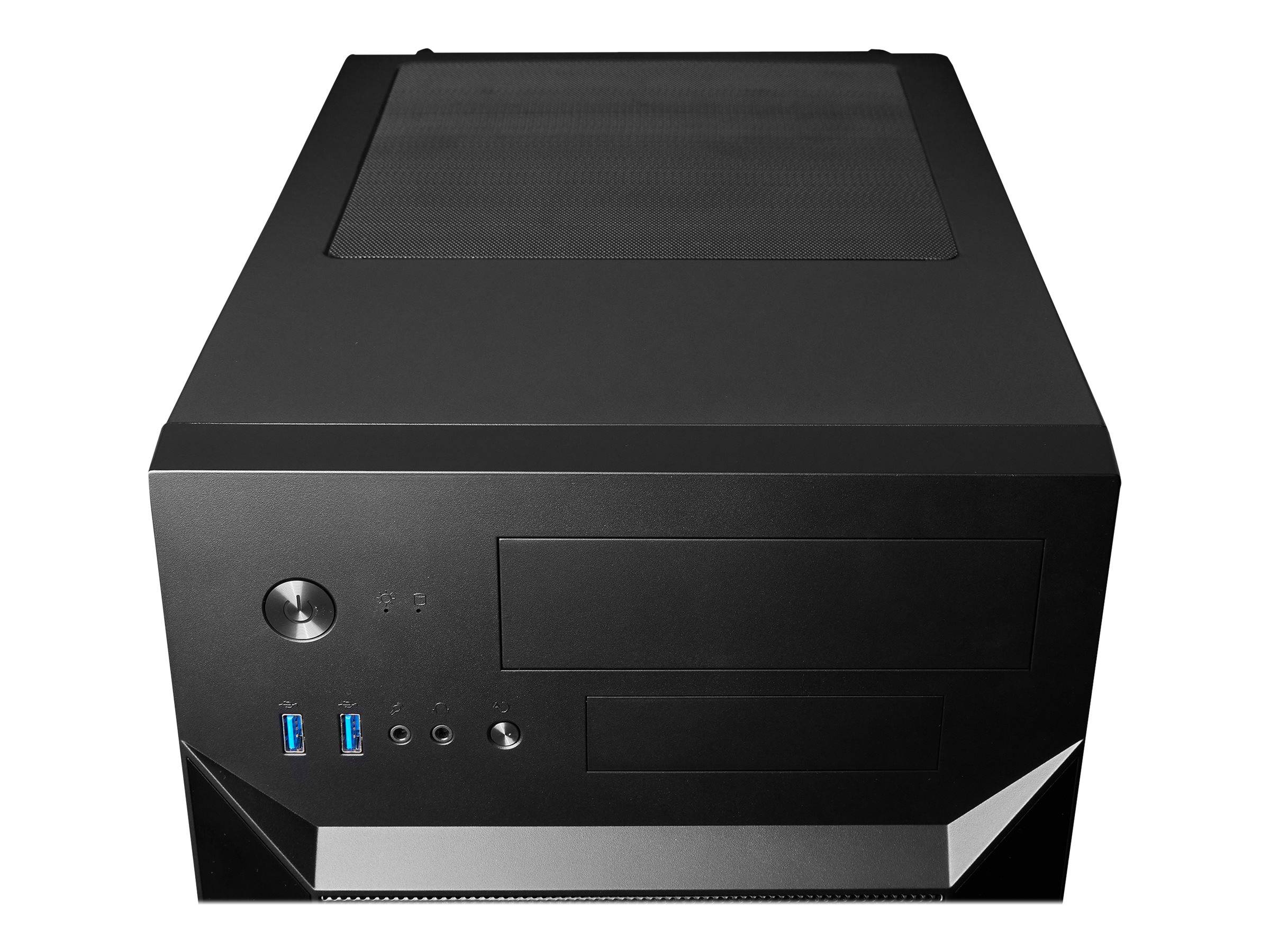 Schwarzes Desktop-Computer-Gehäuse in Vorderansicht mit Ein-/Ausschalter, USB- und Audioanschlüssen sowie belüftetem Oberfeldanschluss.