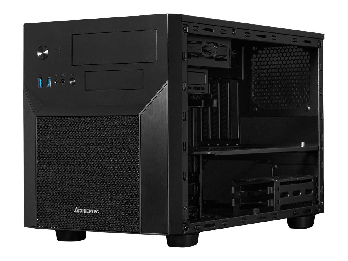 Schwarzes Desktop-PC-Gehäuse mit vorderer Stromtaste, USB-Anschlüssen und offener Seitenklappe, die leere Laufwerkschächte und interne Montagebereiche zeigt.