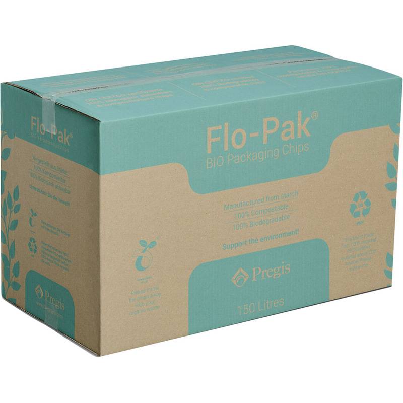Karton Flo-Pak BIO Verpackungschips, mit der Bezeichnung 150 Liter, in türkis und beige Kartonverpackung mit umweltfreundlichen Symbolen.