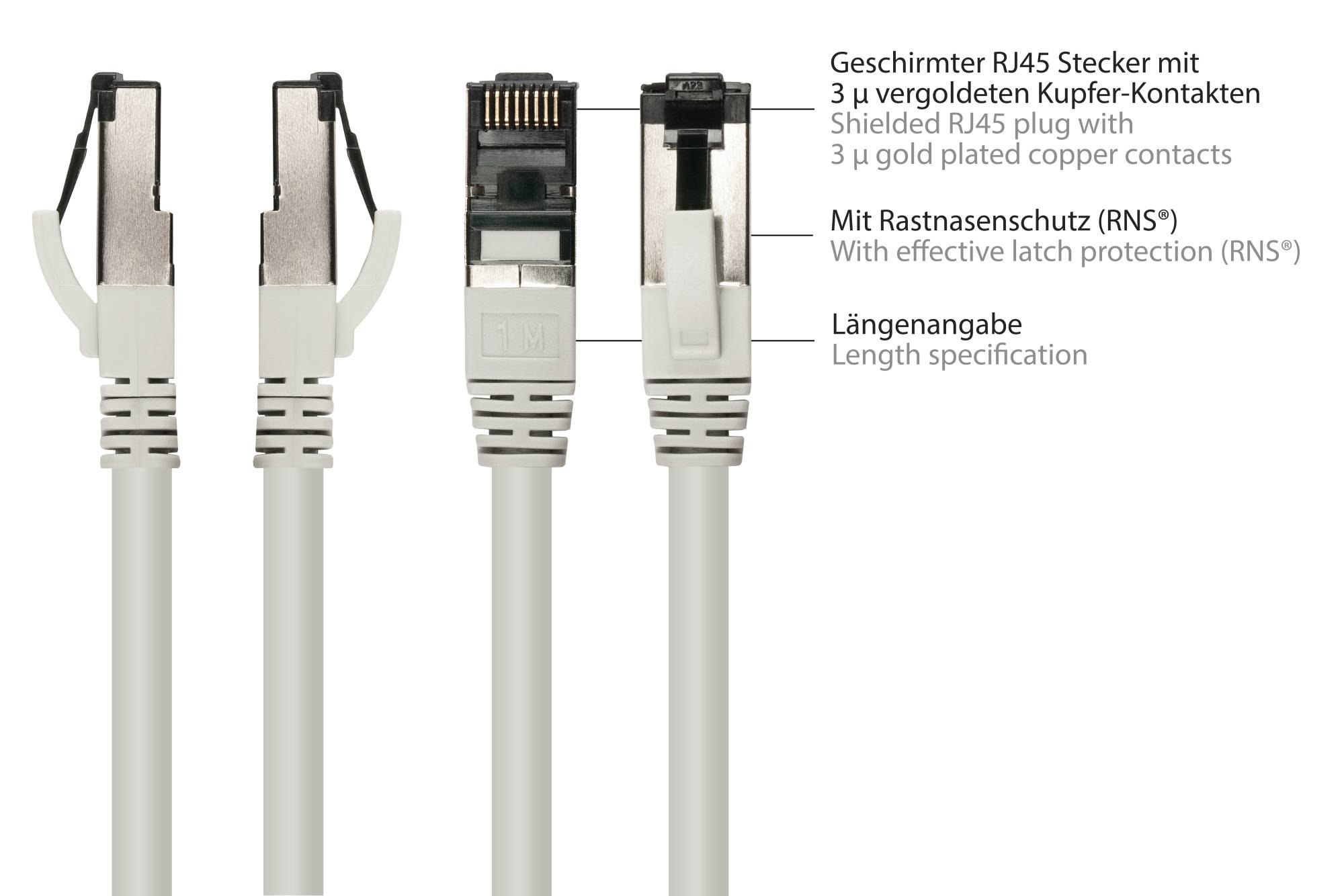 kabelmeister® RNS® Patchkabel Cat. 8.1, S/FTP, PiMF, halogenfrei (LSZH), CU, AWG26, 2000MHz, 40Gbit/s, grau, 0,5m