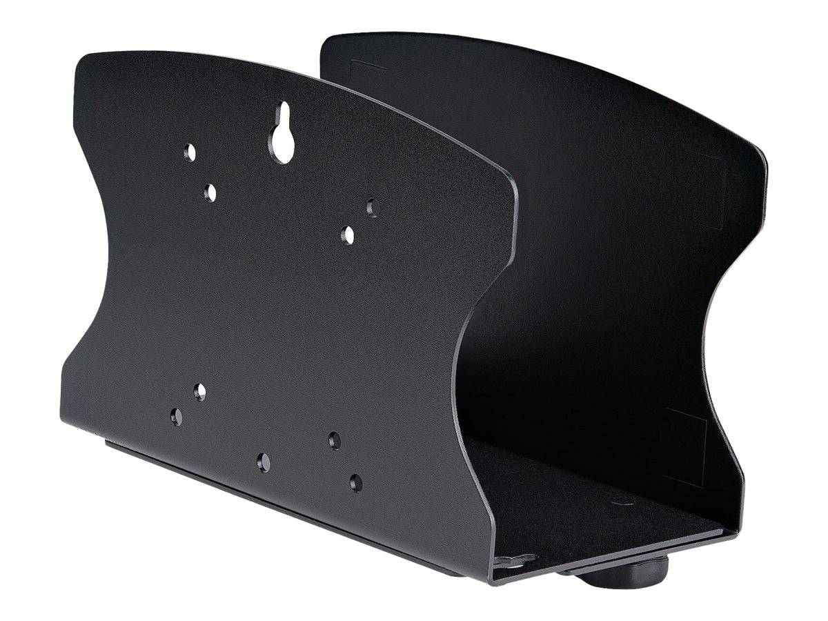Schwarze Metall-Wandhalterung mit Schlüssellochschlitzen und einer kleinen Basisplattform, in Perspektive auf weißem Hintergrund dargestellt.