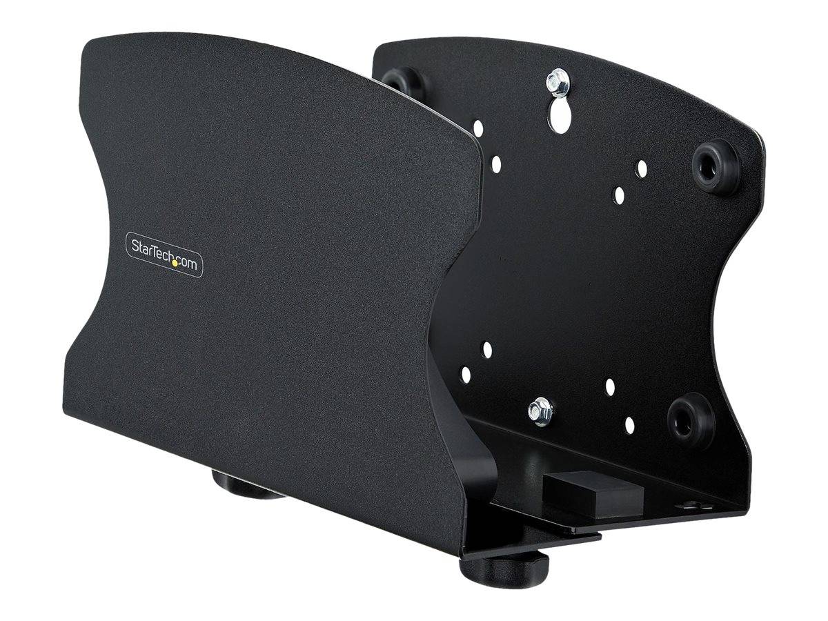 Black StarTech.com Wandhalterung mit gebogenem Frontpanel und Befestigungslöchern zur Sicherung eines Geräts oder einer Ausrüstung.