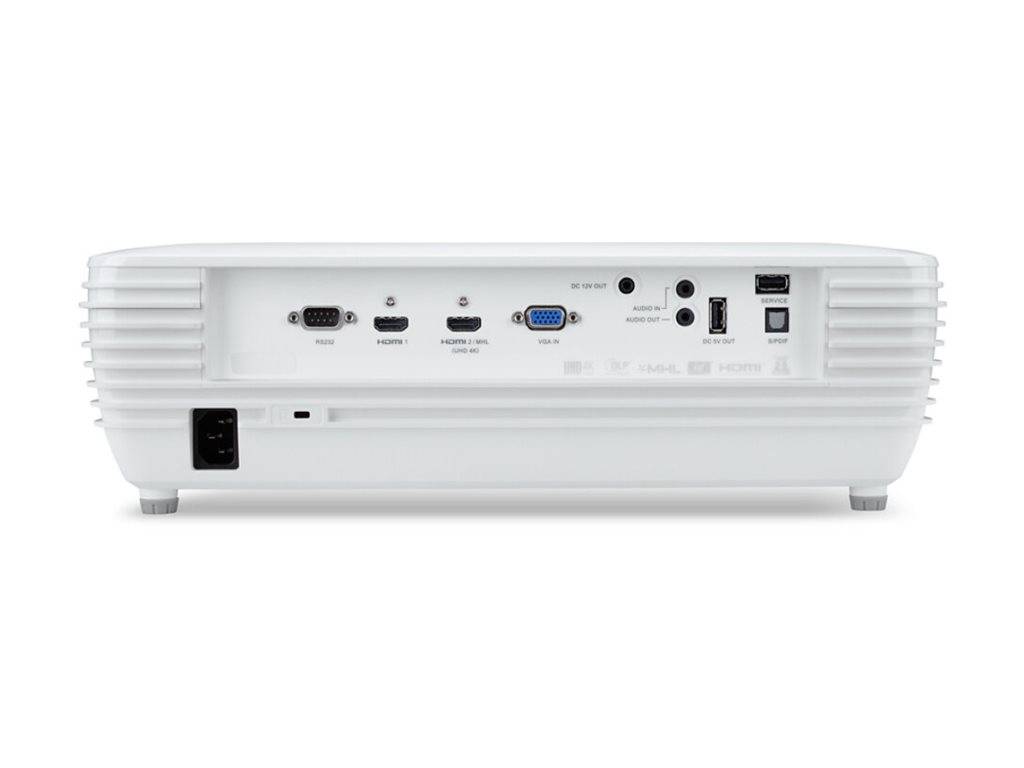 Rückansicht eines weißen Projektors mit Ein- und Ausgabeanschlüssen, einschließlich VGA, HDMI, Audiobuchsen, USB und Stromversorgungsanschluss.
