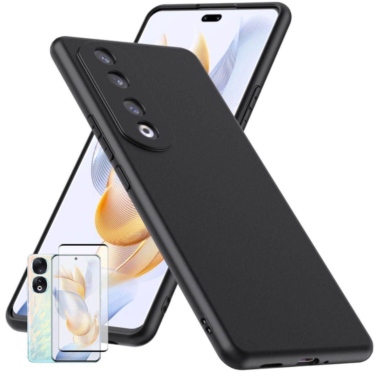 Für Honor 90 Pro Silikoncase TPU Schwarz + 0,26 4D Curved Display LCD H9 Glas Handy Tasche Hülle Schutz Cover