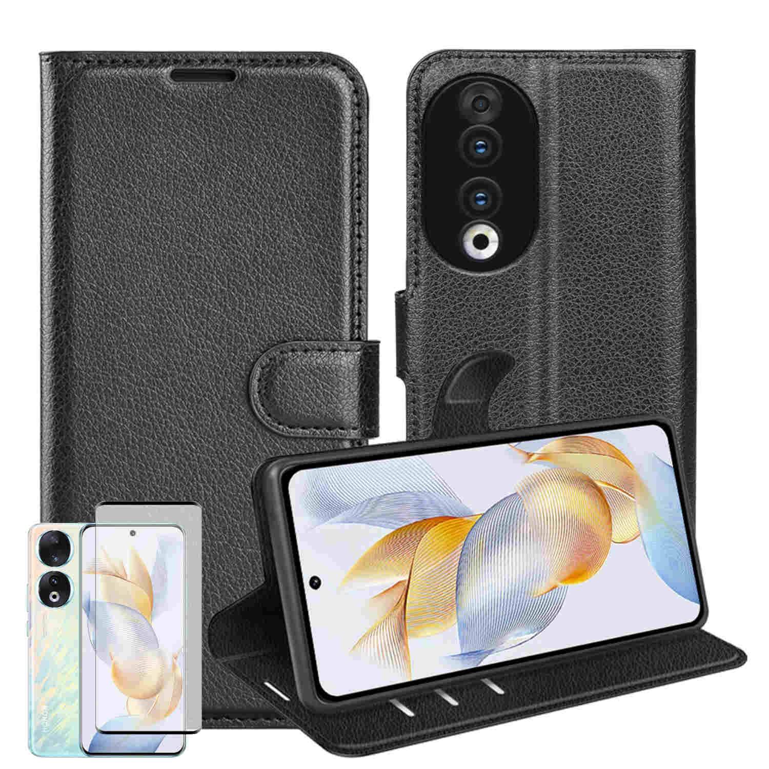 Für Honor 90 5G Produktset Handy Tasche Wallet + H9 4D Curved Hart Glas Schutz Hülle Case Cover Etuis Neu Zubehör Schwarz