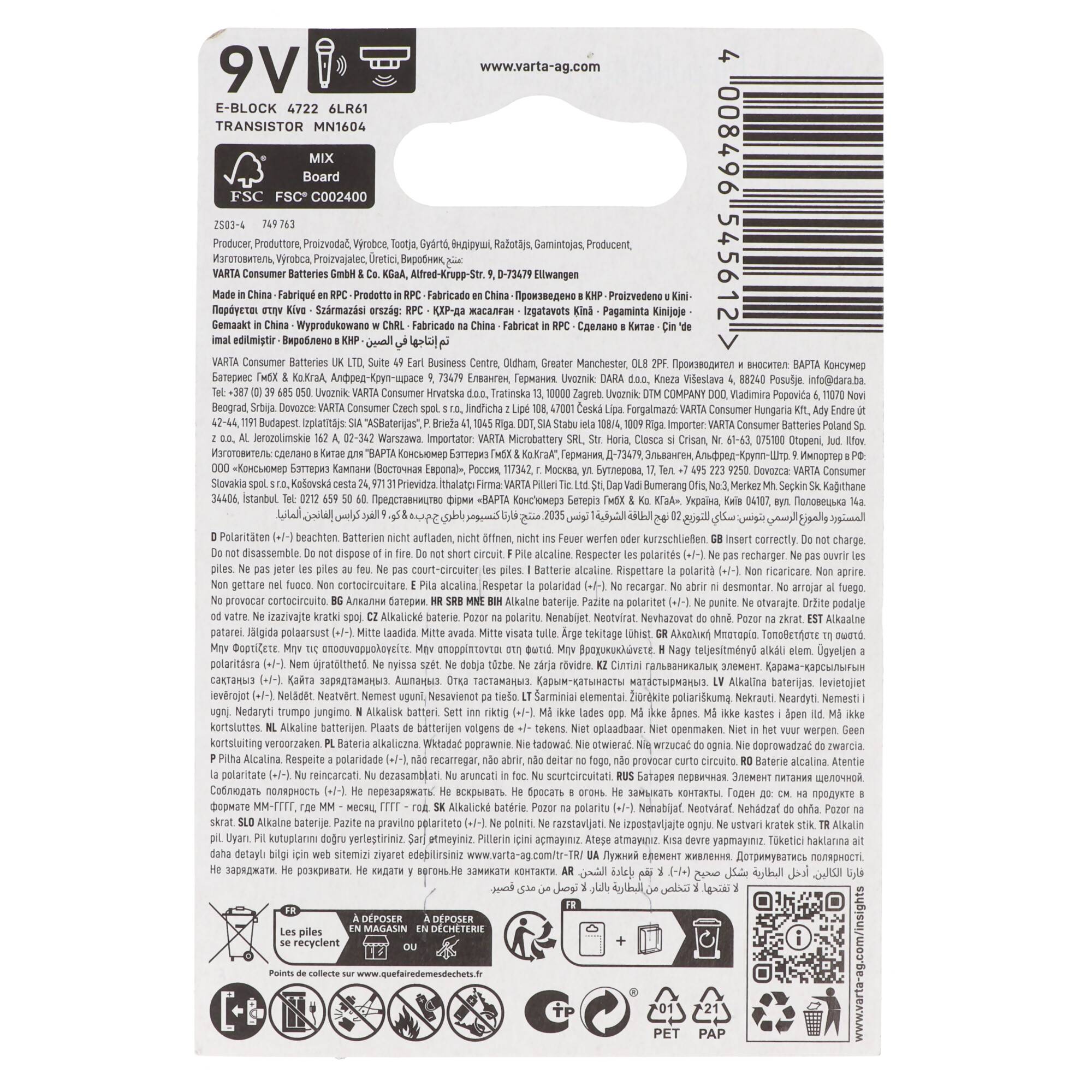 Varta 4722 Longlife Max Power 9V-Block, 9V Batterie ideal für Rauchmelder, Rauchwarnmelder