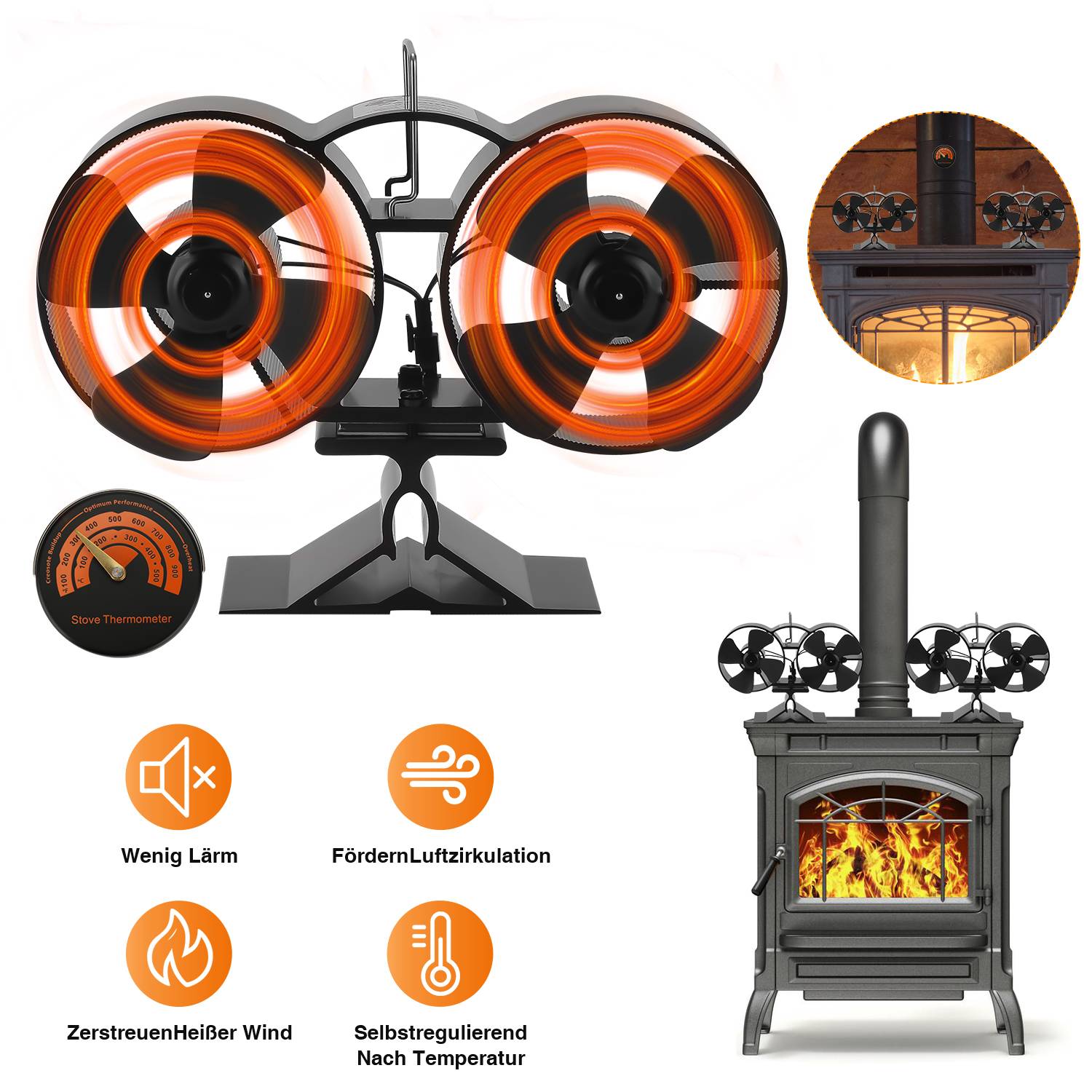 2×4-Blade Kaminventilator, Stromloser Ventilator für Kamin Holzöfen Öfen, Geräuscharmer Betrieb, Ventilator Ofenventilator Feuerstelle Kaminöfen