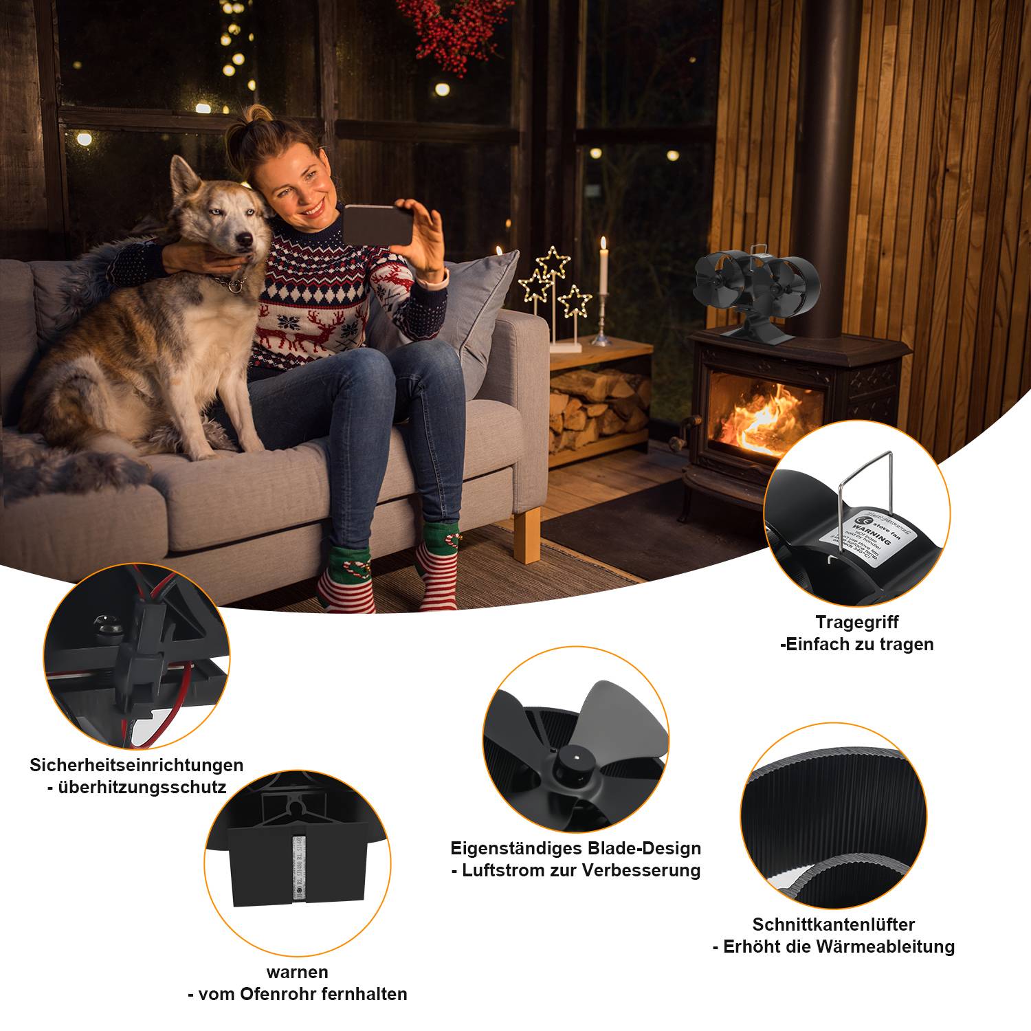 2×4-Blade Kaminventilator, Stromloser Ventilator für Kamin Holzöfen Öfen, Geräuscharmer Betrieb, Ventilator Ofenventilator Feuerstelle Kaminöfen