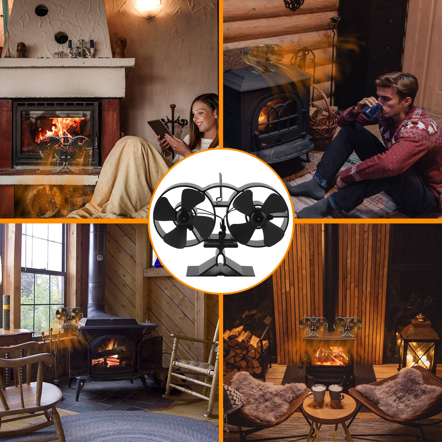 2×4-Blade Kaminventilator, Stromloser Ventilator für Kamin Holzöfen Öfen, Geräuscharmer Betrieb, Ventilator Ofenventilator Feuerstelle Kaminöfen