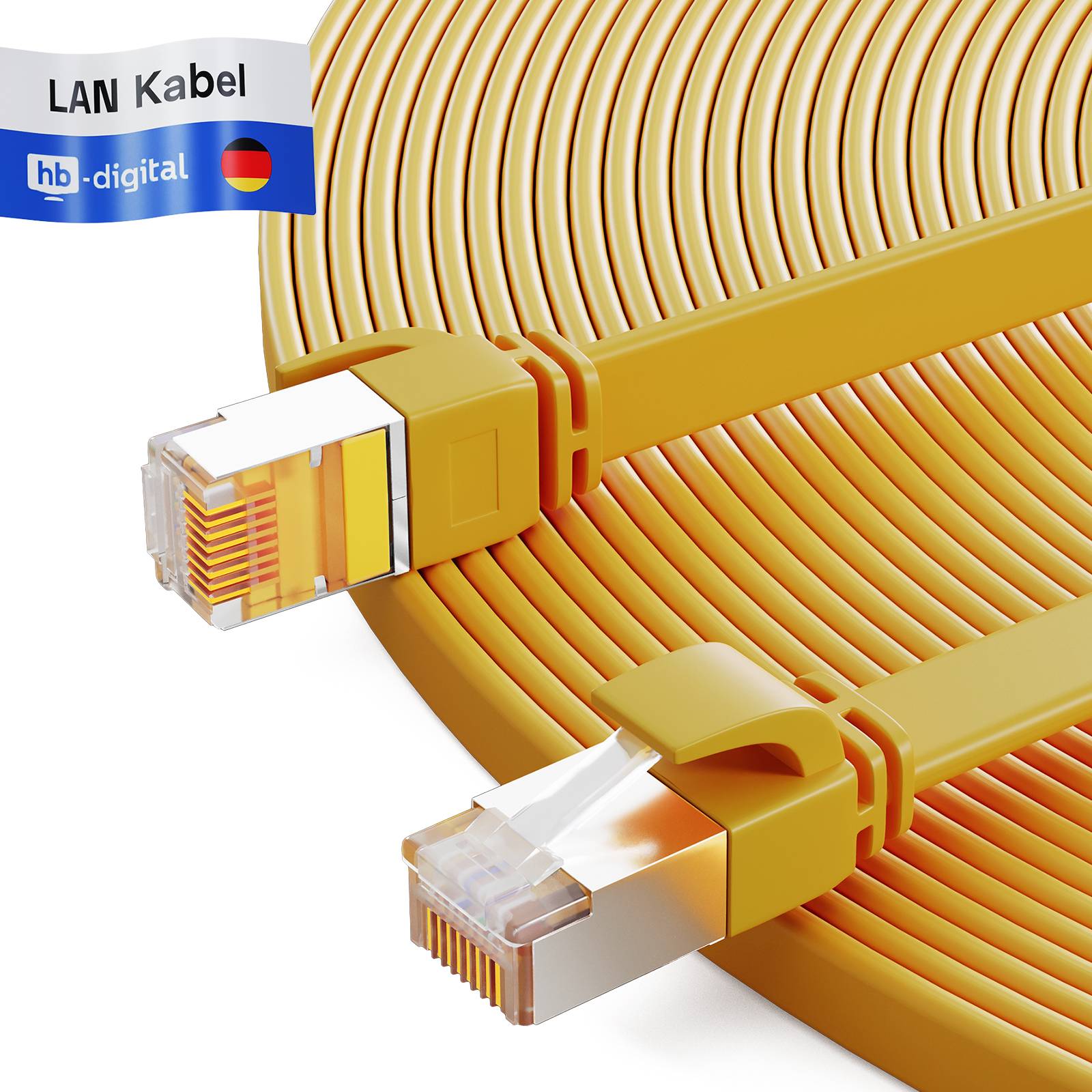 hb-digital Netzwerkkabel flach LAN Kabel CAT7 RJ45 U/FTP PVC 10m gelb