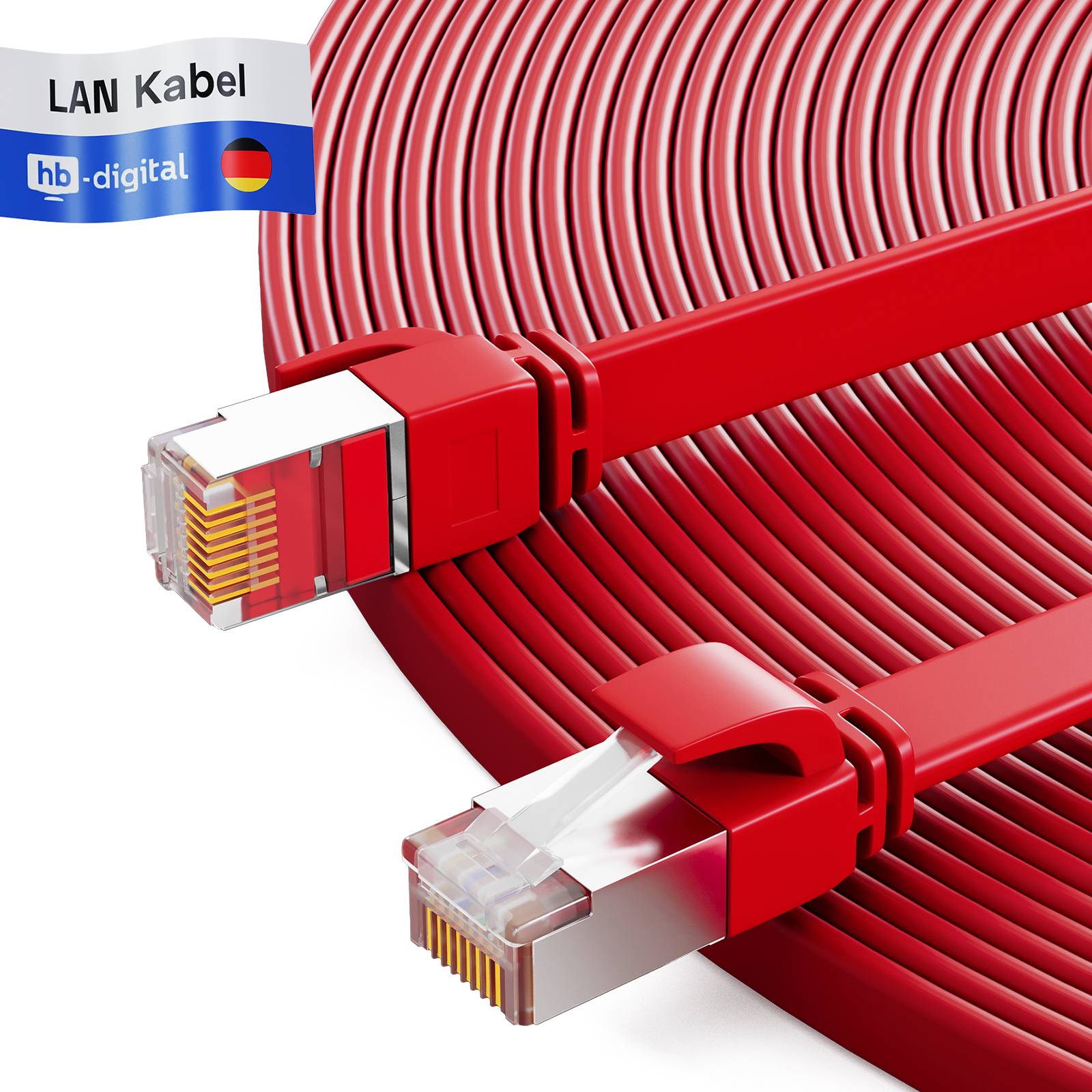 hb-digital Netzwerkkabel flach LAN Kabel CAT7 RJ45 U/FTP PVC 5m rot