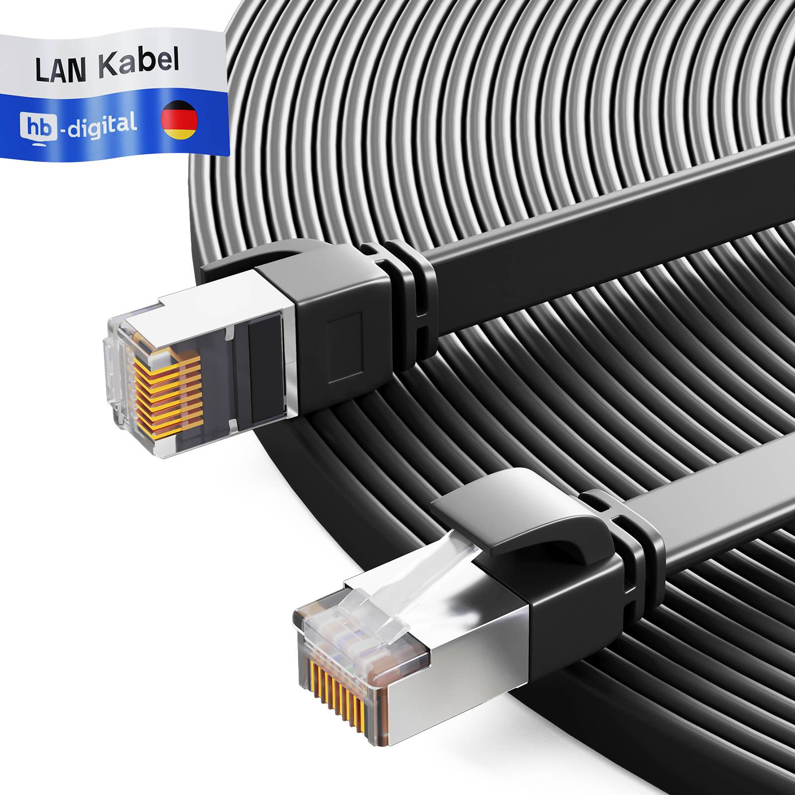 hb-digital Netzwerkkabel flach LAN Kabel CAT7 RJ45 U/FTP PVC 10m schwarz