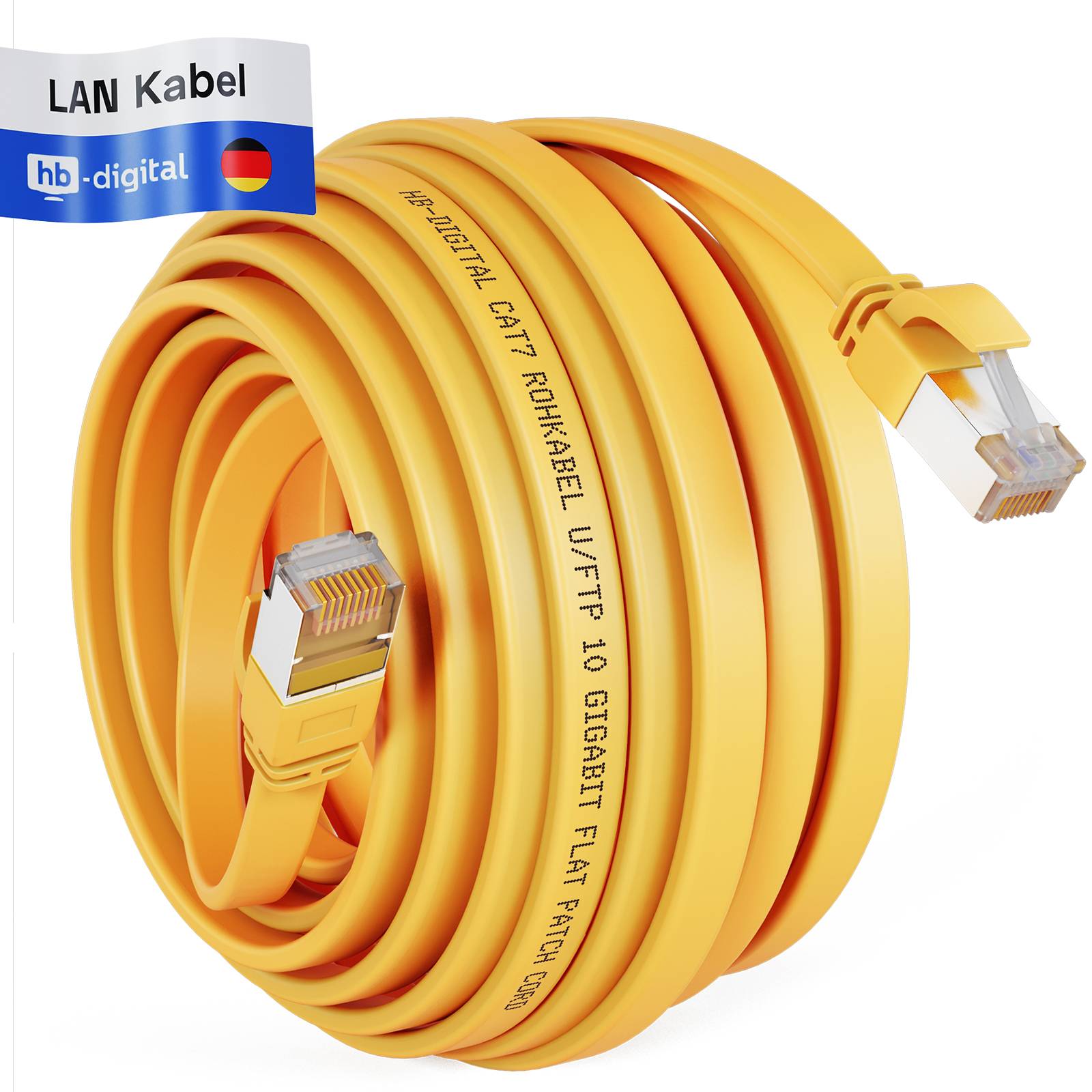 hb-digital Netzwerkkabel flach LAN Kabel CAT7 RJ45 U/FTP PVC 20m gelb