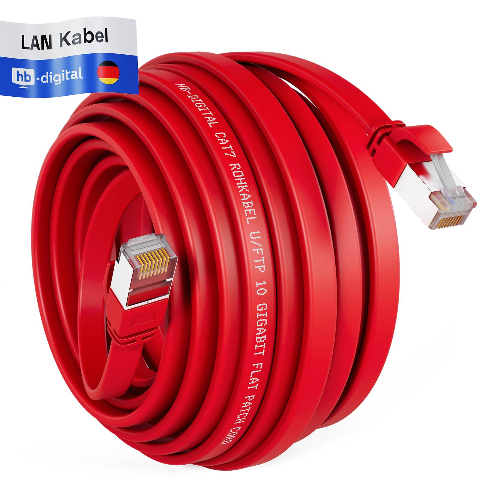 hb-digital Netzwerkkabel 30m flach LAN Kabel CAT7 RJ45 U/FTP PVC rot
