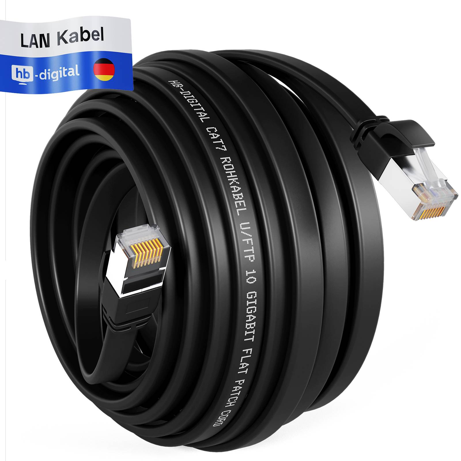 hb-digital Netzwerkkabel flach LAN Kabel CAT7 RJ45 U/FTP PVC 20m schwarz