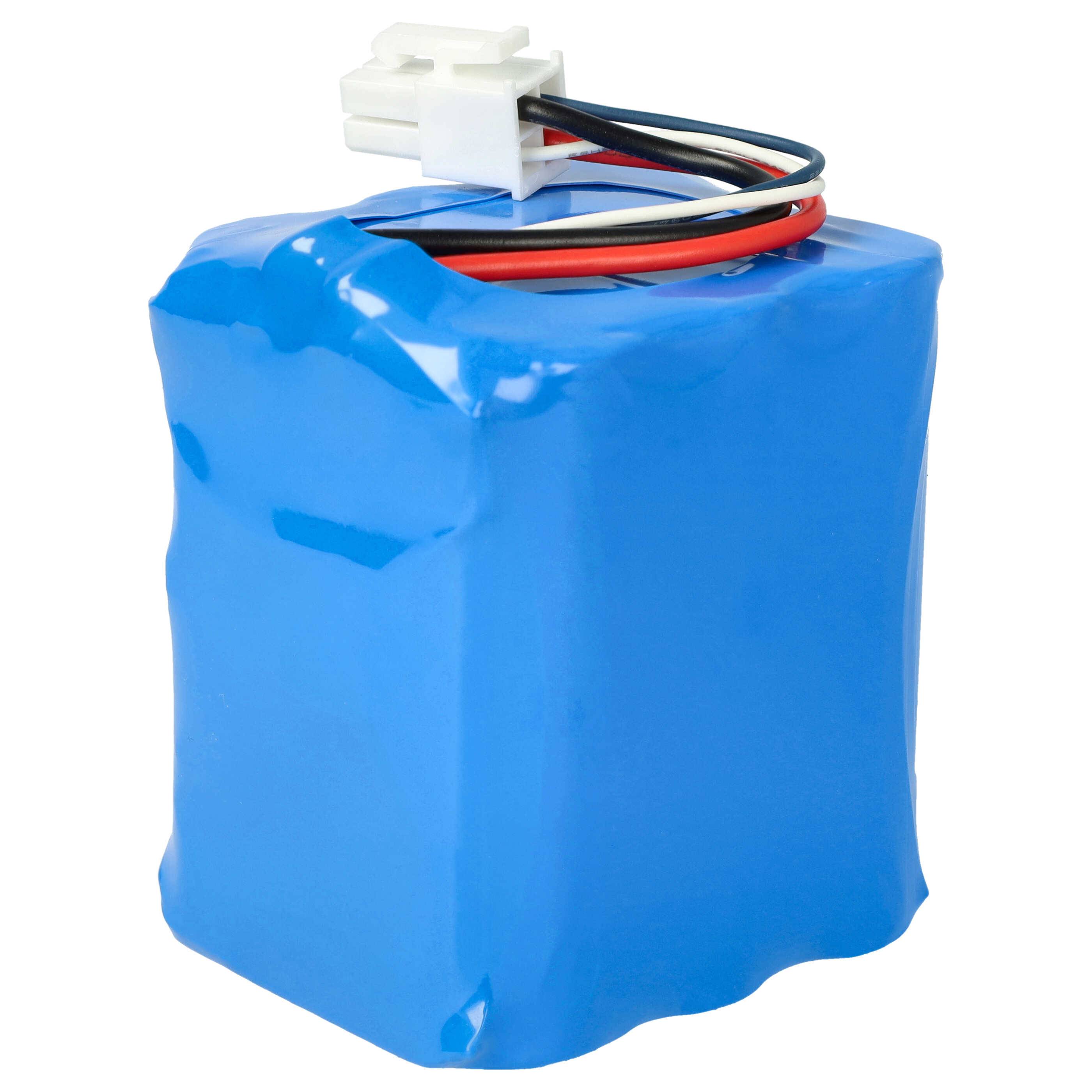 Ein blaues Batteriepaket mit roten, schwarzen und weißen Kabeln, die sich von oben erstrecken und in einem weißen Stecker enden.