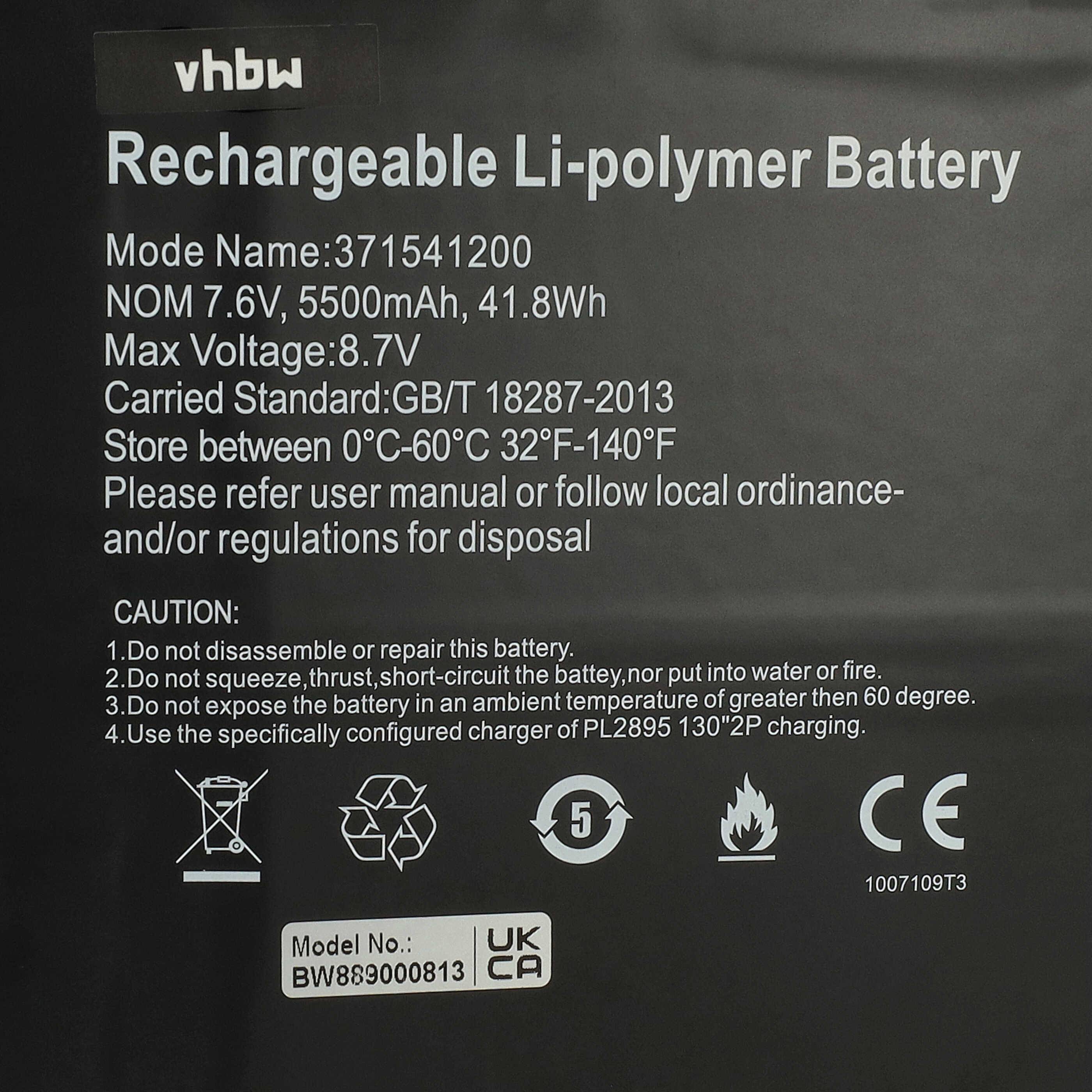 vhbw Wiederaufladbarer Li-Polymer-Akku mit Modellnummer 371541200, 5500mAh, 41,8Wh. Enthält Sicherheitsanweisungen und Konformitätssymbole.