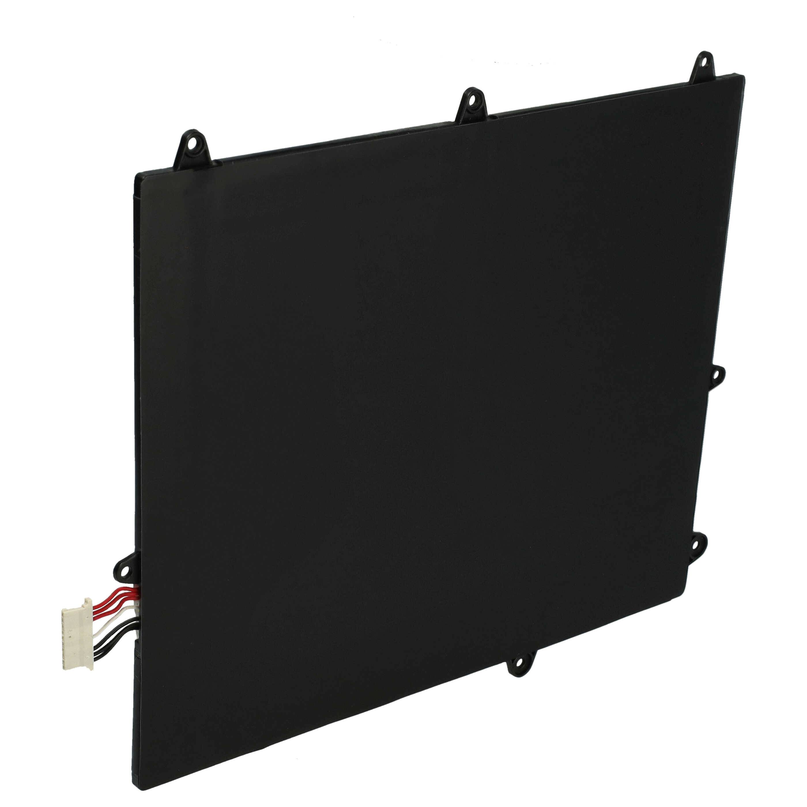 Eine rechteckige schwarze wiederaufladbare Batterie mit einem weißen Stecker und freigelegten Drähten an der Seite, konzipiert für elektronische Geräte.