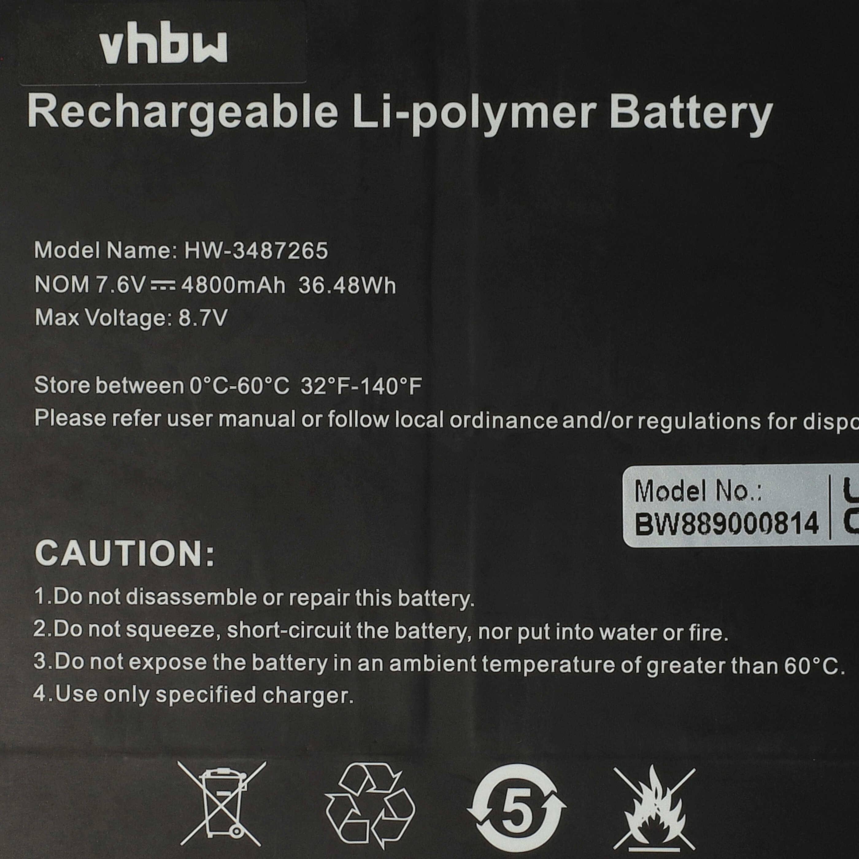Wiederaufladbare Lithium-Polymer-Batterie. Modell: HW-3487265, 7,6V, 4800mAh, 36,48Wh. Vorsicht: Nicht auseinandernehmen oder quetschen. Max. 60°C.