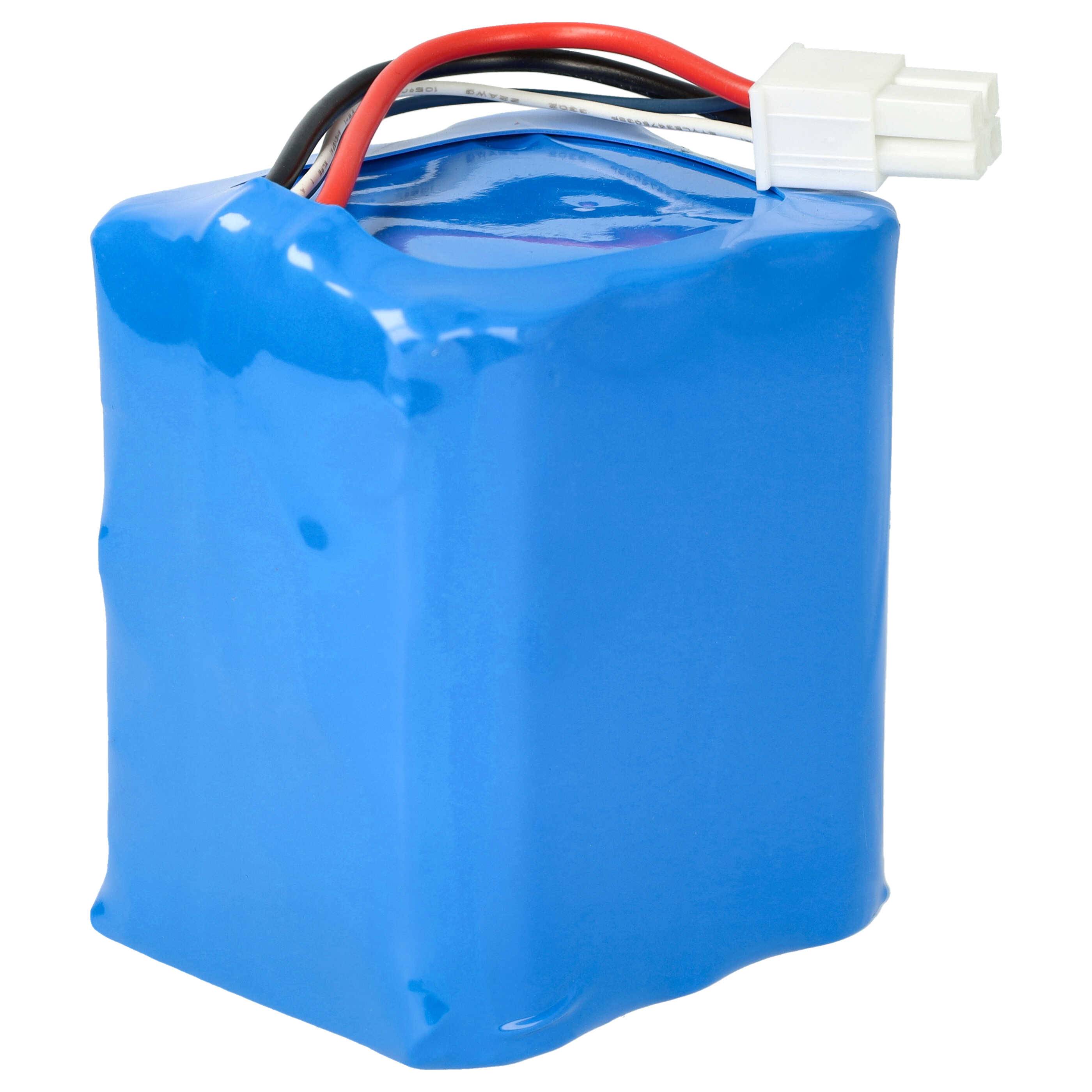 Ein blaues Batteriepack mit schwarzen und roten Drähten und einem weißen Anschluss, das zum Betrieb elektronischer Geräte verwendet wird.