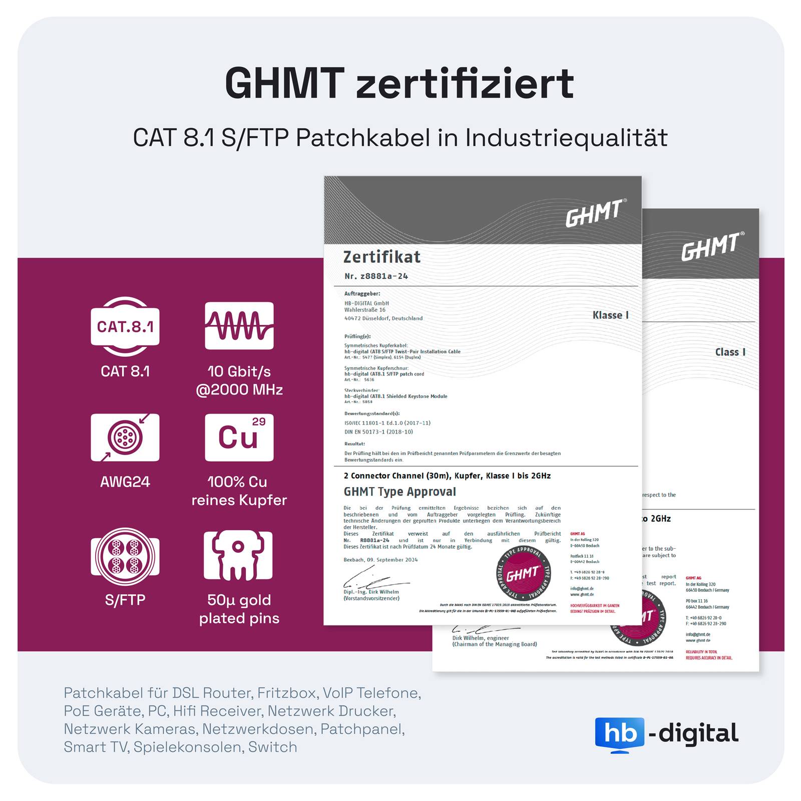 hb-digital Patch Kabel CAT 8.1 RJ45 S/FTP LSZH 0.5m grau