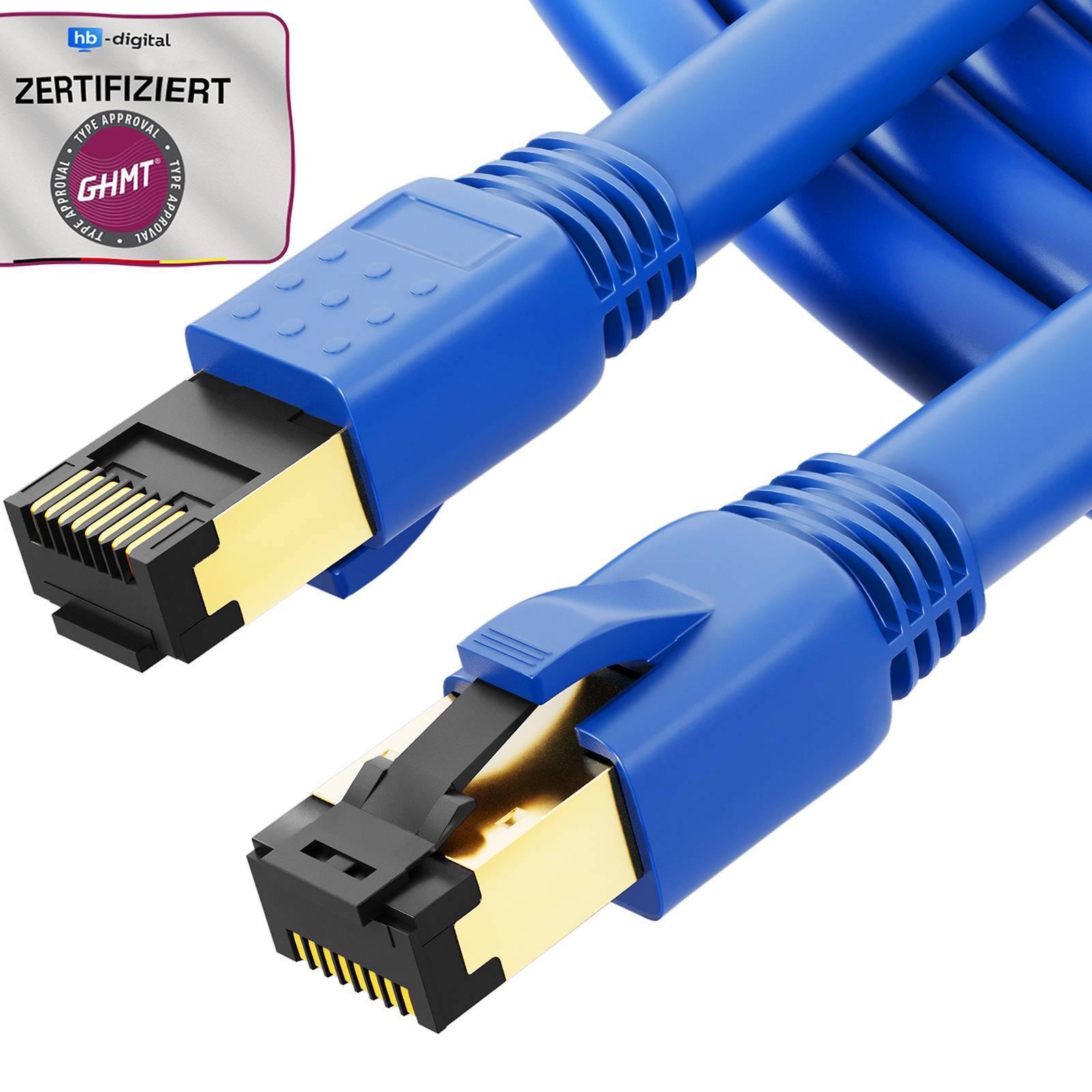 Zwei blaue Ethernet-Kabel mit RJ45-Steckern auf weißem Hintergrund, plus ein Zertifizierungsabzeichen mit der Aufschrift „ZERTIFIZIERT