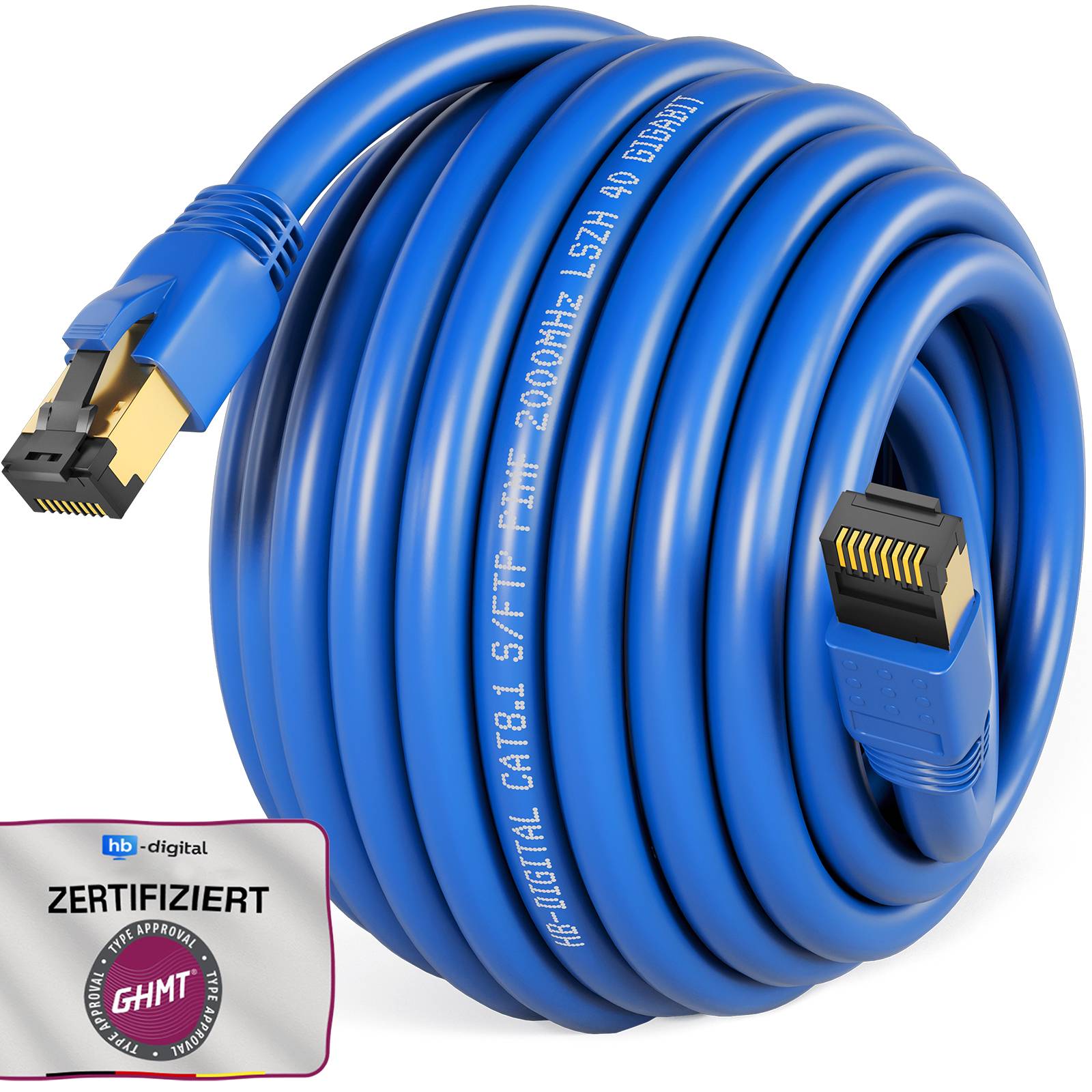Aufgerolltes blaues Ethernet-Kabel mit RJ45-Steckern, gekennzeichnet als CAT8.1 S/FTP, mit einem „ZERTIFIZIERT