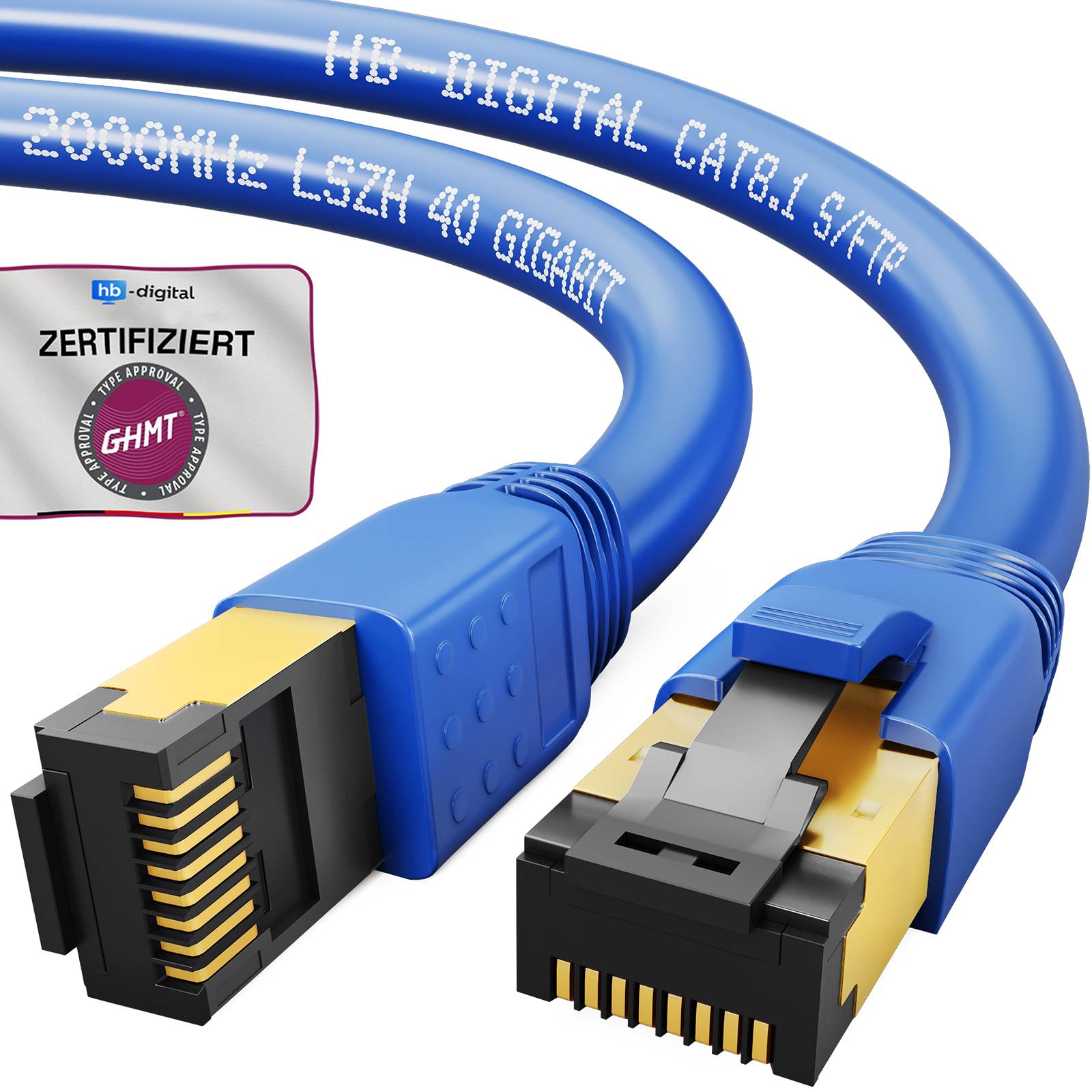 Blaues Ethernet-Kabel mit RJ45-Steckern, mit den Beschriftungen 