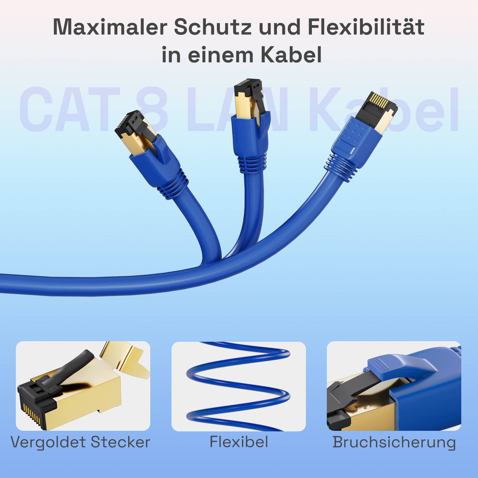 Werbegrafiktext für CAT 8 LAN-Kabel: drei blaue Ethernet-Kabel und Stecker mit Hervorhebung von „maximaler Schutz und Flexibilität