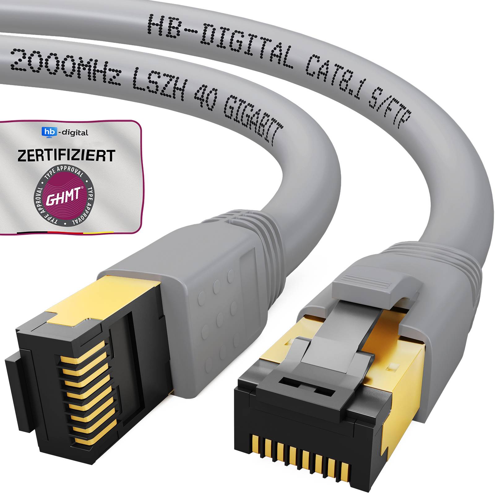 Zwei graue Ethernet-Kabel mit RJ45-Steckern mit den Bezeichnungen „HB-DIGITAL CAT.1 S/FTP