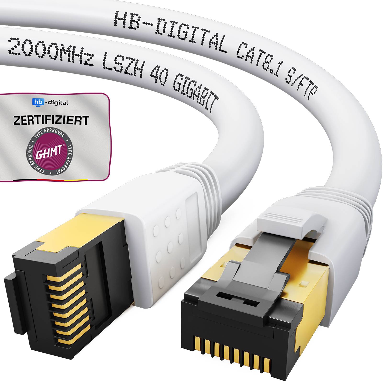 Nahaufnahme von zwei HB-Digital Cat.1 40-Gigabit-zertifizierten Ethernet-Kabelsteckern mit der Bezeichnung „2000MHz LSZH 4G GIGABIT