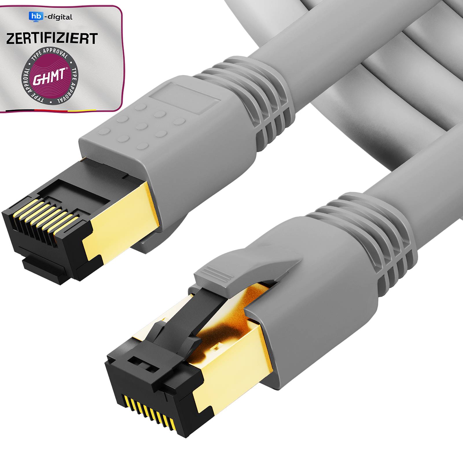 Zwei graue Ethernet-Kabelenden mit vergoldeten Steckern, dargestellt mit einem zertifizierten GHMT-Abzeichen von hb-digital in der Ecke.