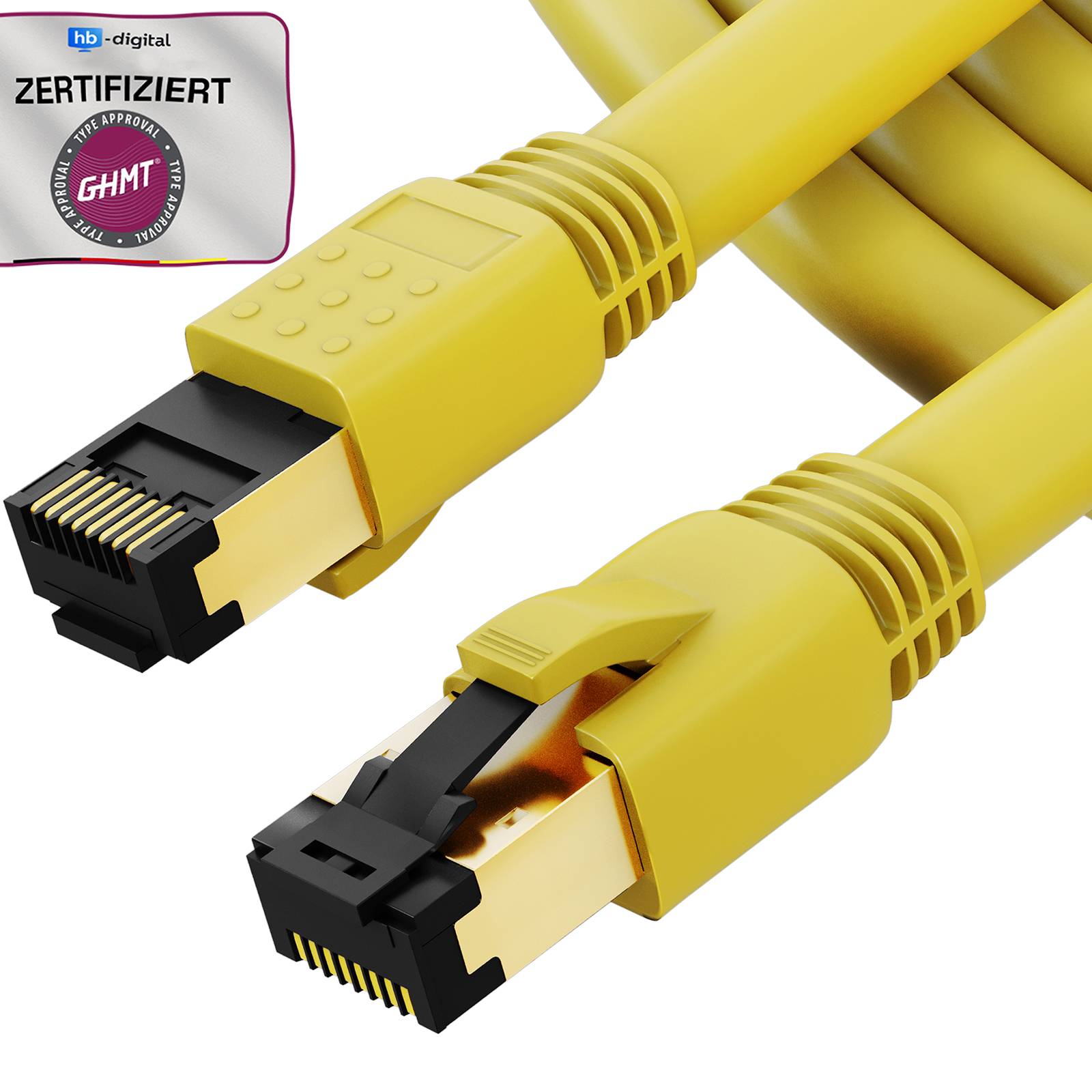 Zwei gelbe Ethernet-Kabel mit RJ45-Steckern sowie ein „ZERTIFIZIERT