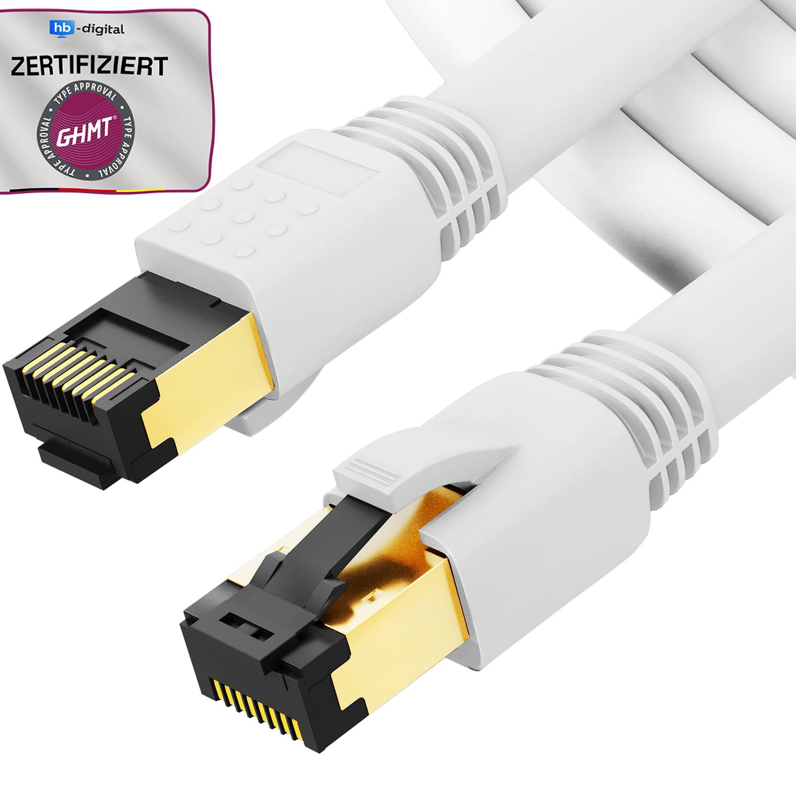 Zwei weiße Ethernet-Kabel mit schwarzen vergoldeten RJ45-Steckern, in Nahaufnahme mit einem 