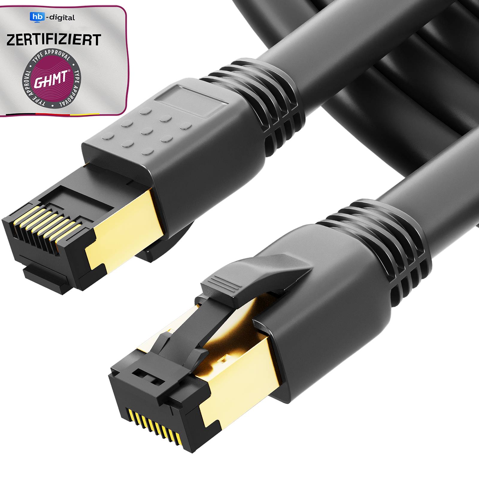 Zwei schwarze Ethernet-Kabel mit vergoldeten RJ45-Steckern, in Nahaufnahme auf weißem Hintergrund gezeigt, mit einem Zertifizierungsabzeichen „hb-digital zertifiziert GHMT