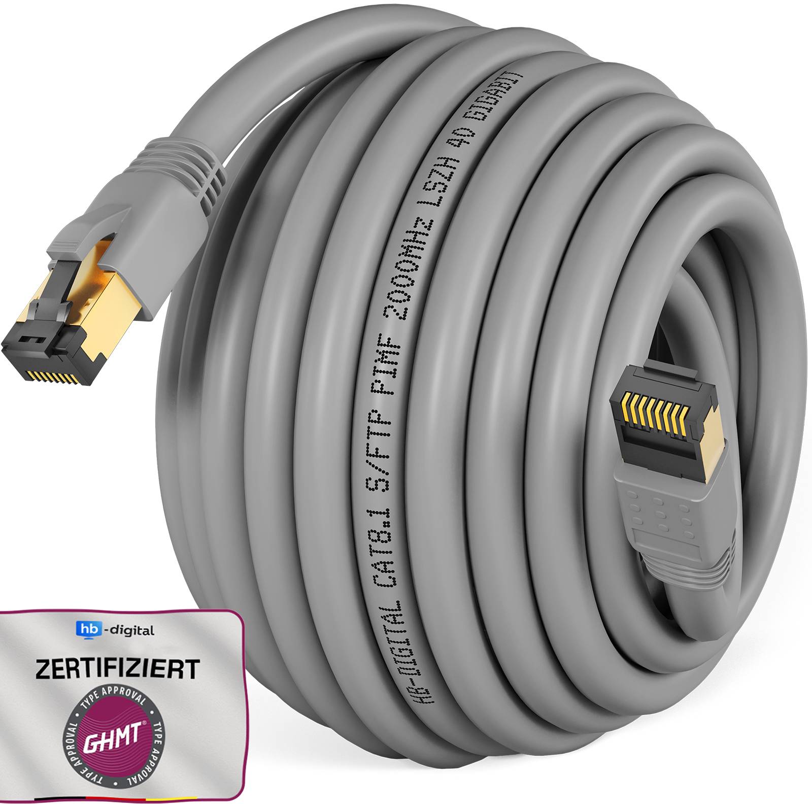 Aufgerolltes graues Ethernet-Kabel mit RJ45-Steckern, gekennzeichnet als CAT8.1 S/FTP, plus ein „ZERTIFIZIERT