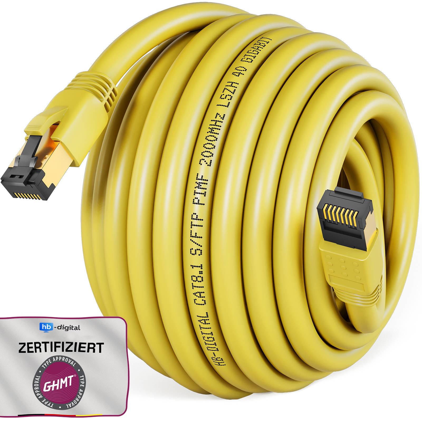 Aufgewickeltes gelbes Ethernet-Kabel mit RJ45-Steckern und einem 