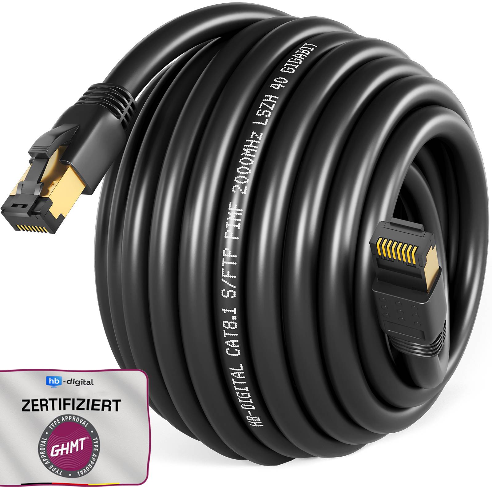 Aufgerolltes schwarzes Ethernet-Kabel mit RJ45-Steckern, gekennzeichnet als CAT.8.1 S/FTP, mit einem Zertifizierungsabzeichen „ZERTIFIZIERT